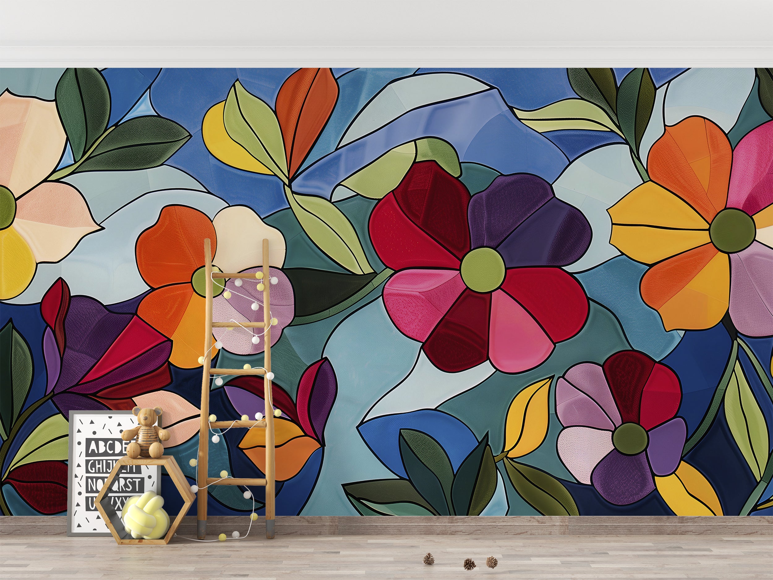 Accent wall colorful floral mural Peel and stick abstract flowers