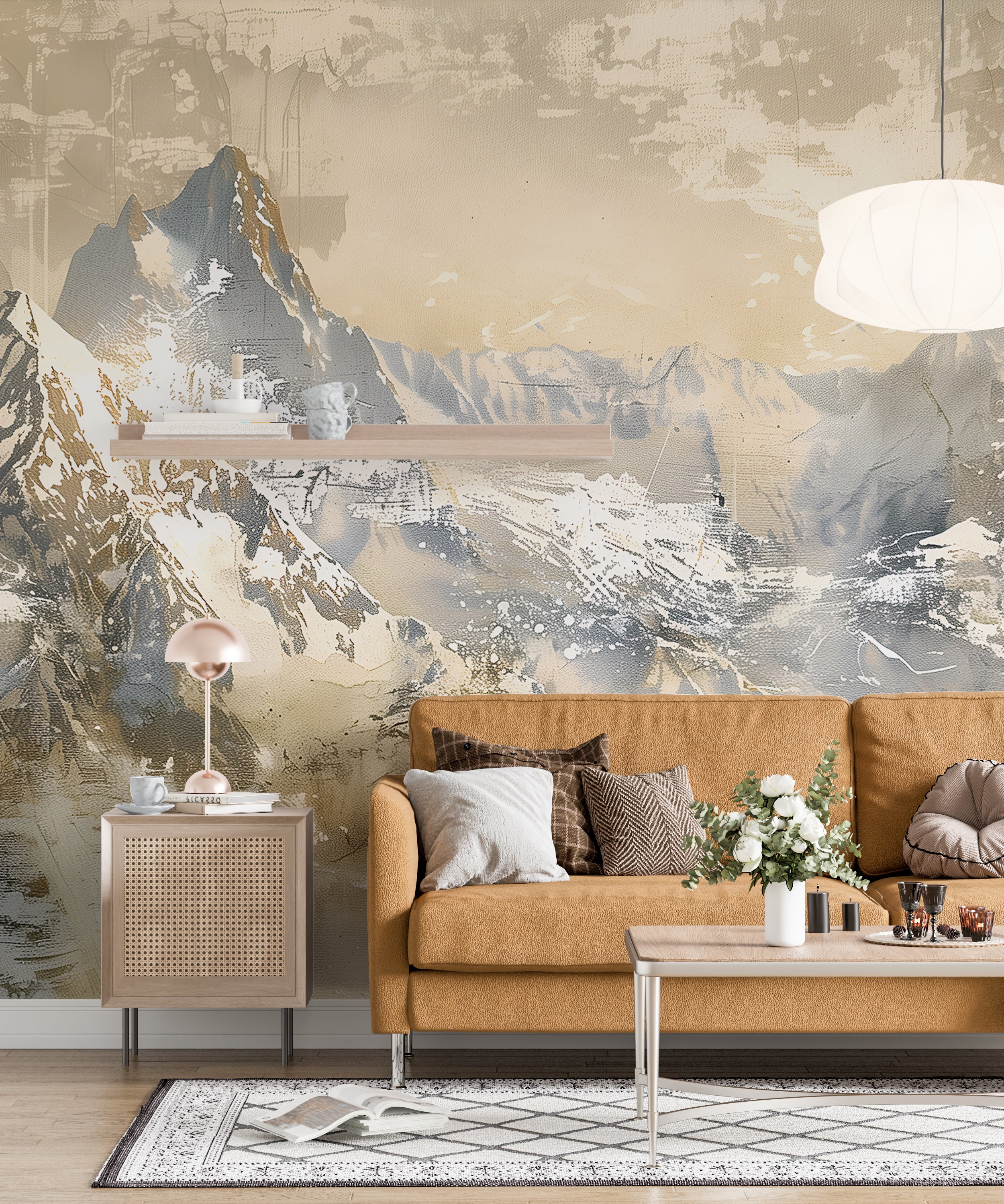 Abstract Beige Mountains Mural, Peel and Stick Watercolor Landscape Wallpaper, Removable Accent Wall Oil Painting Mountains Decor