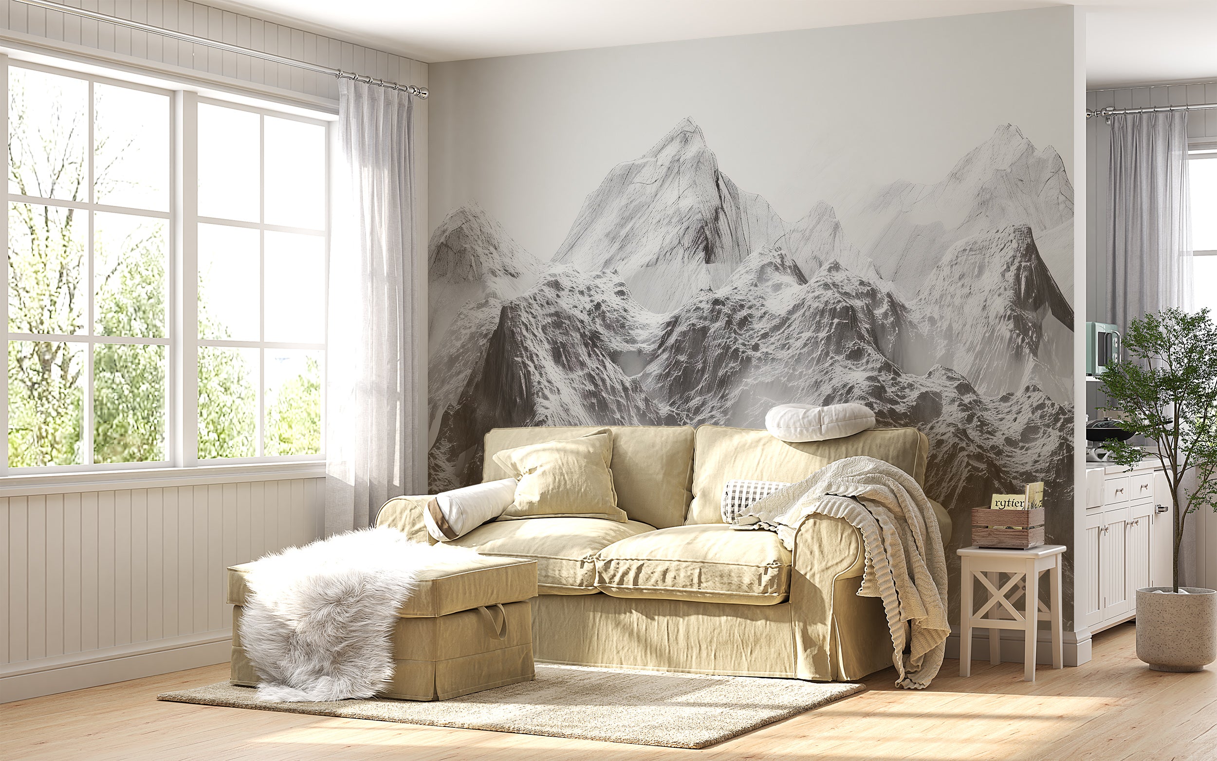 Grey and White Mountain Wallpaper, Peel and Stick Snowy Mountains Mural, Removable Abstract Foggy Nature Wall Decor