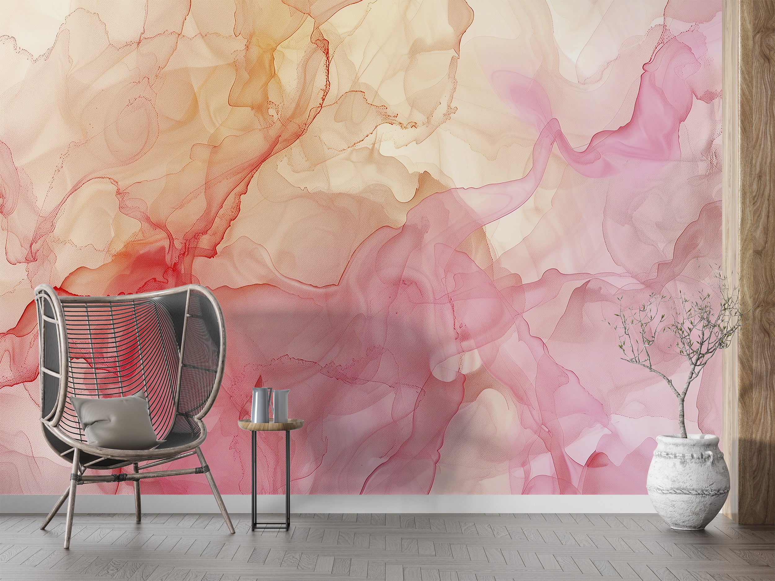 Soft Pink and Yellow Alcohol Ink Wall Mural, Peel and Stick Abstract Liquid Wallpaper, Removable Accent Wall Mural in Pastel Colors