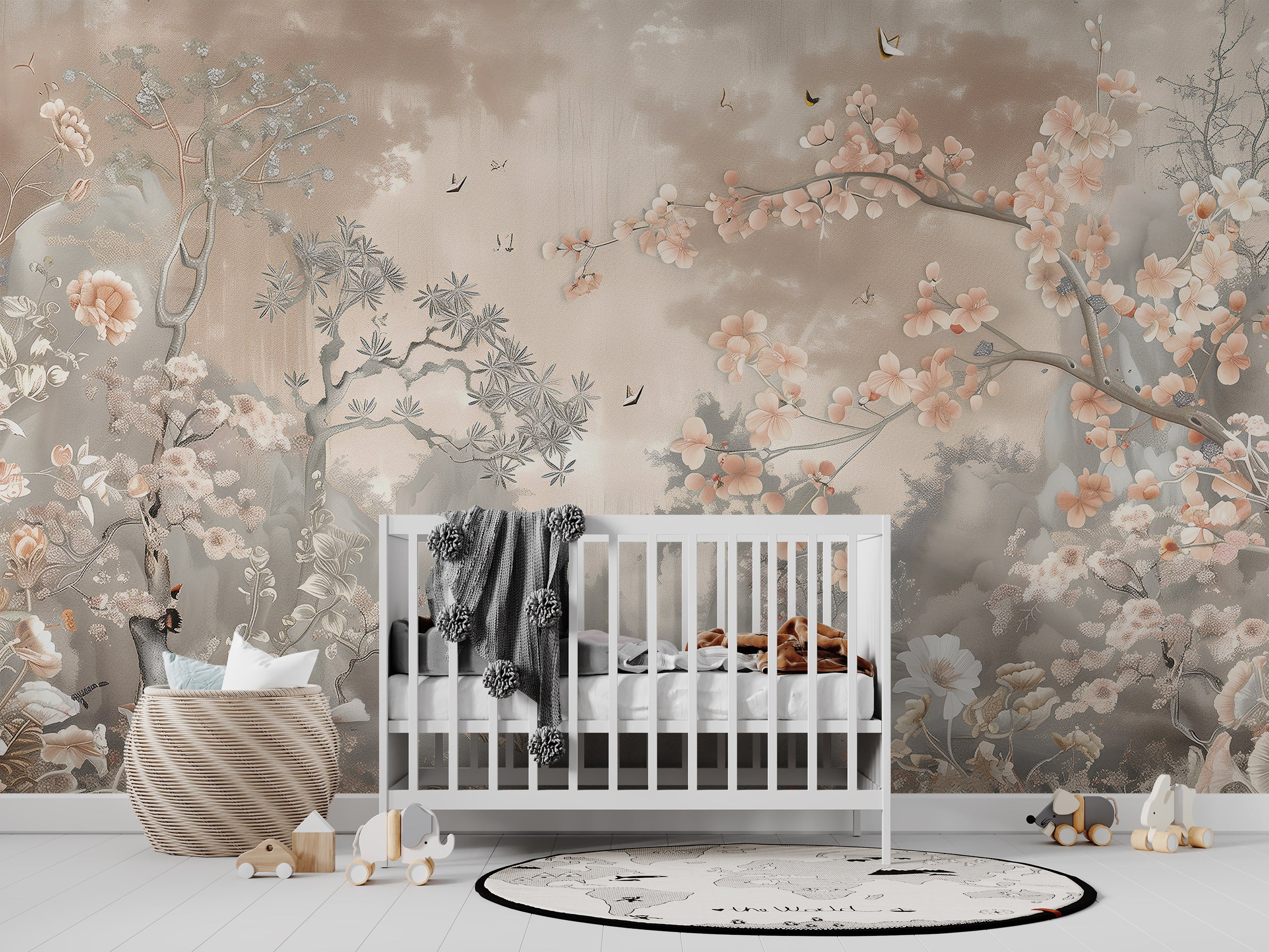 Dusty Rose Chinoiserie Wall Mural, Soft Pink Japanese Forest Mural, Peel and Stick Sakura Tree Wallpaper, Blossom Forest Wall Decor