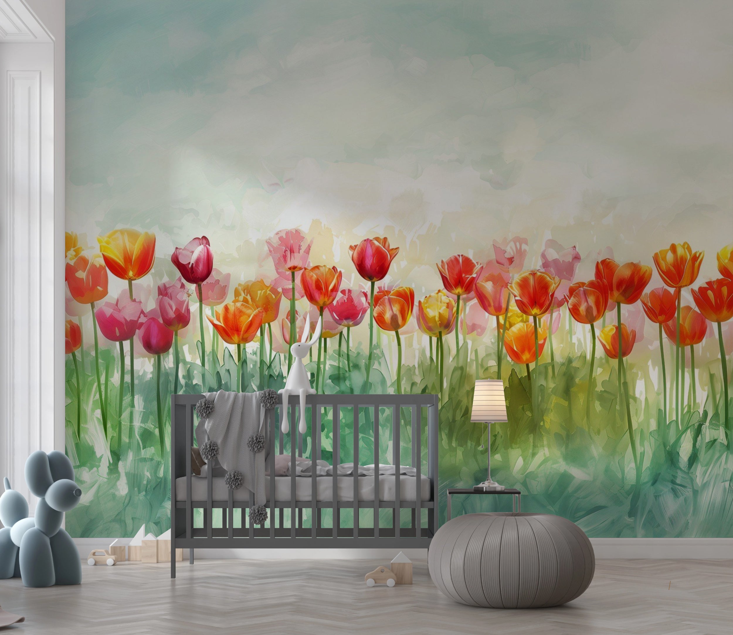 Watercolor Tulips Wall Mural, Peel and Sick Tulip Field Wallpaper, Colorful Floral Meadow Art, Large Flowers Wall Decor