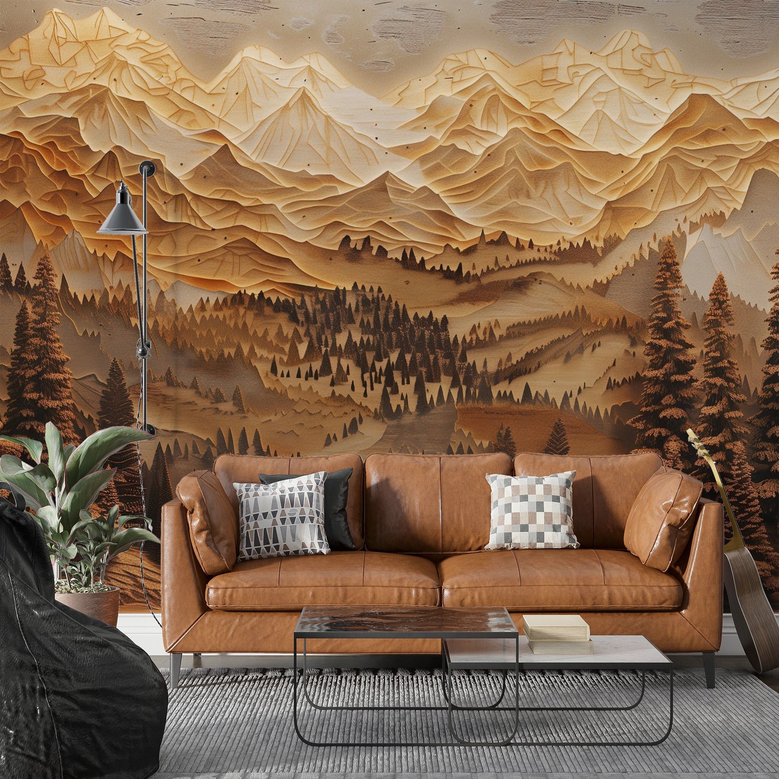 Mountains and Pine Trees in Wood Carving Style Mural, Peel and Stick Wooden Look Landscape Art, Beige and Brown Nature Wallpaper