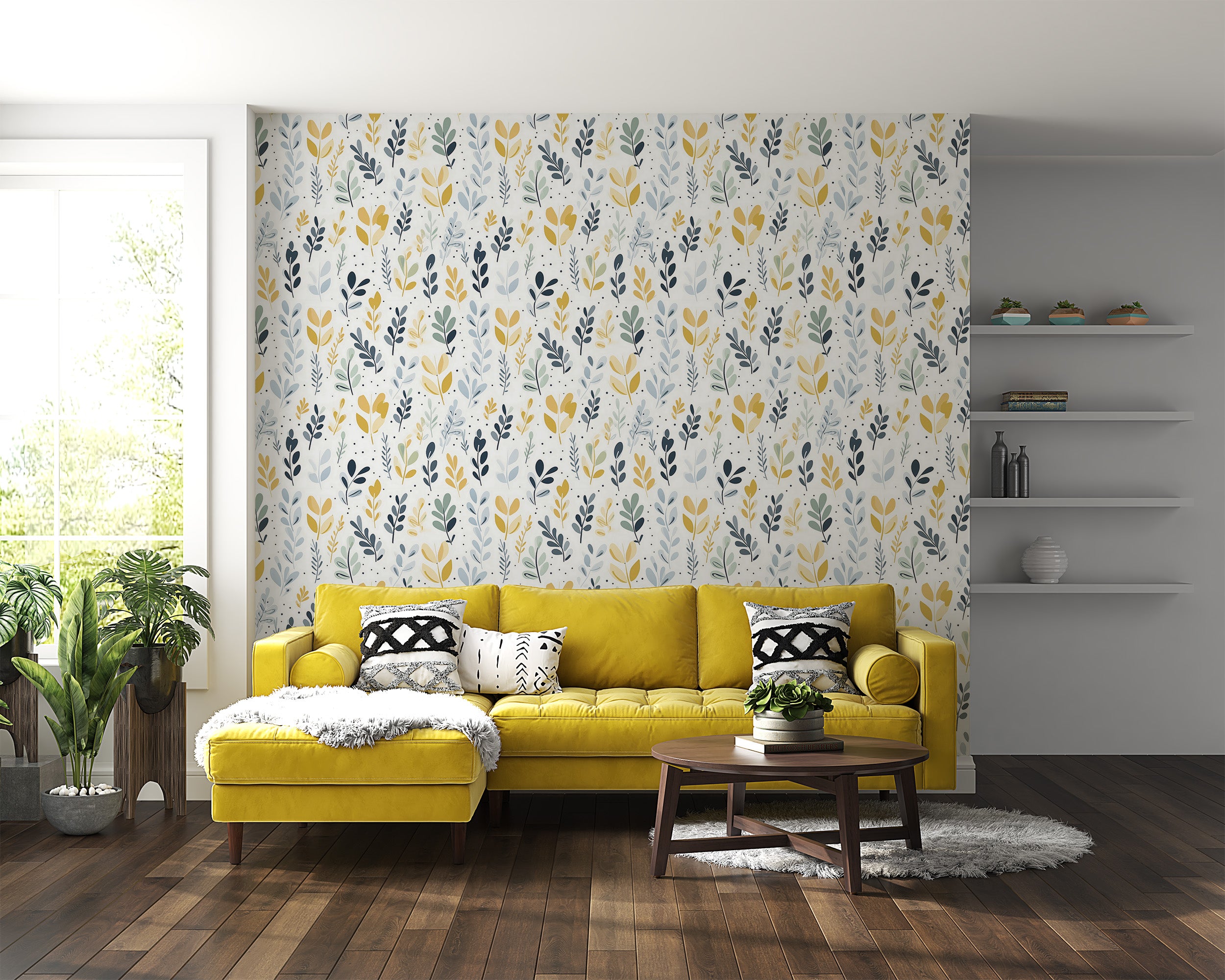 Blue and Yellow Wallpaper with Botanical Charm