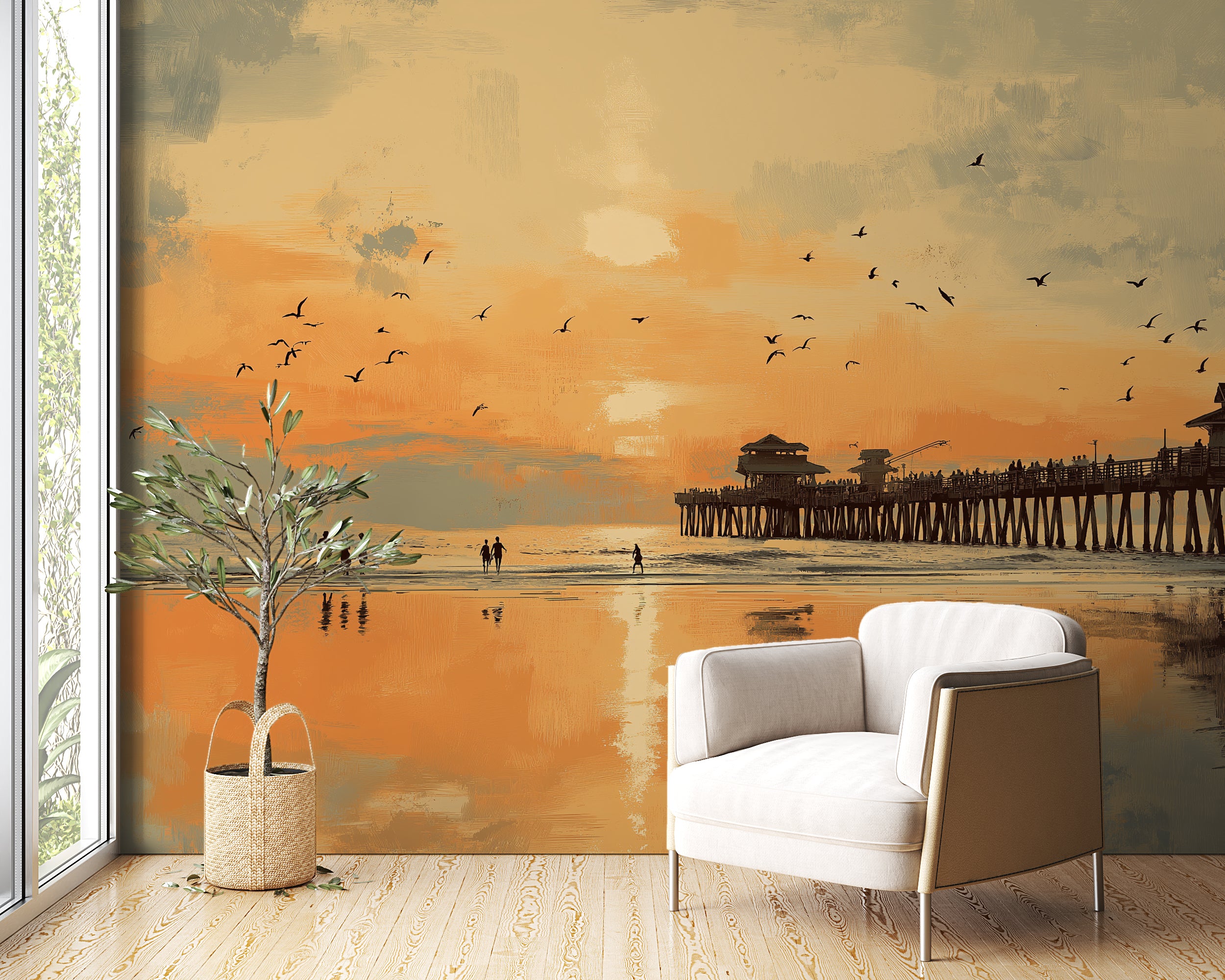 Florida sunset pier wall mural with warm golden sky