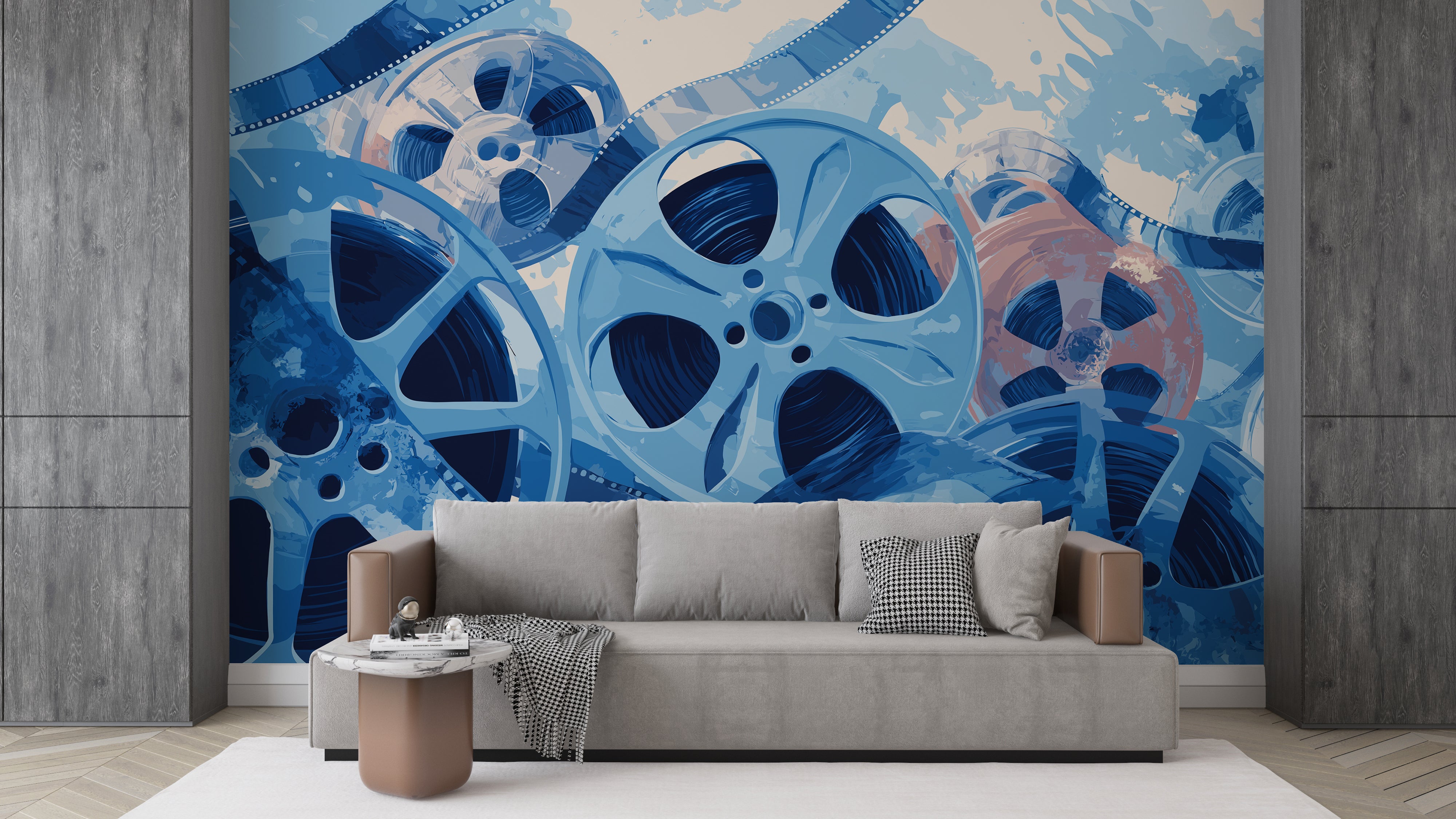 Blue cinematic film reel wall mural for home theater