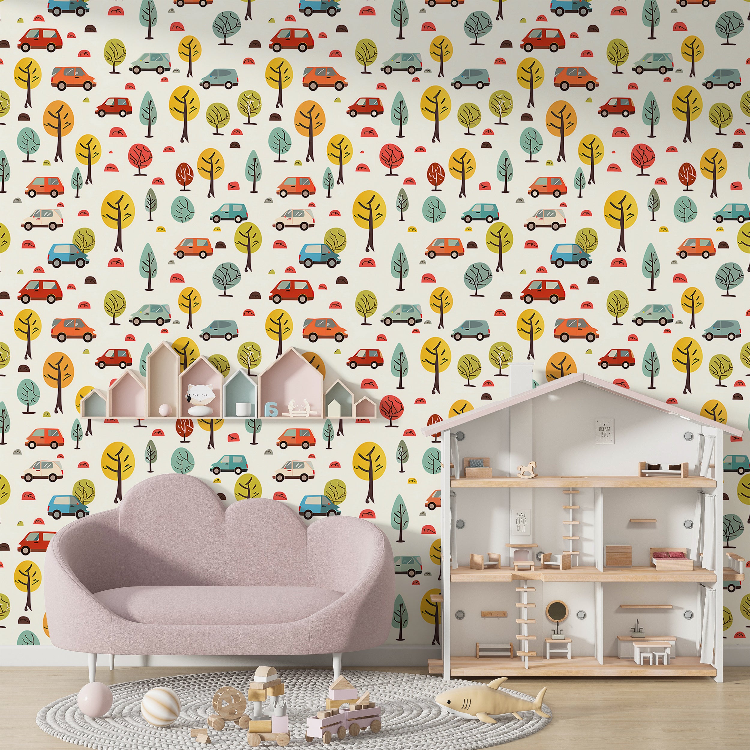 Cars and Trees Wallpaper, Colorful Nursery Wallpaper, Watercolor Kids Room Peel and Stick Wall Decor, Cars and Trees Removable PVC-free