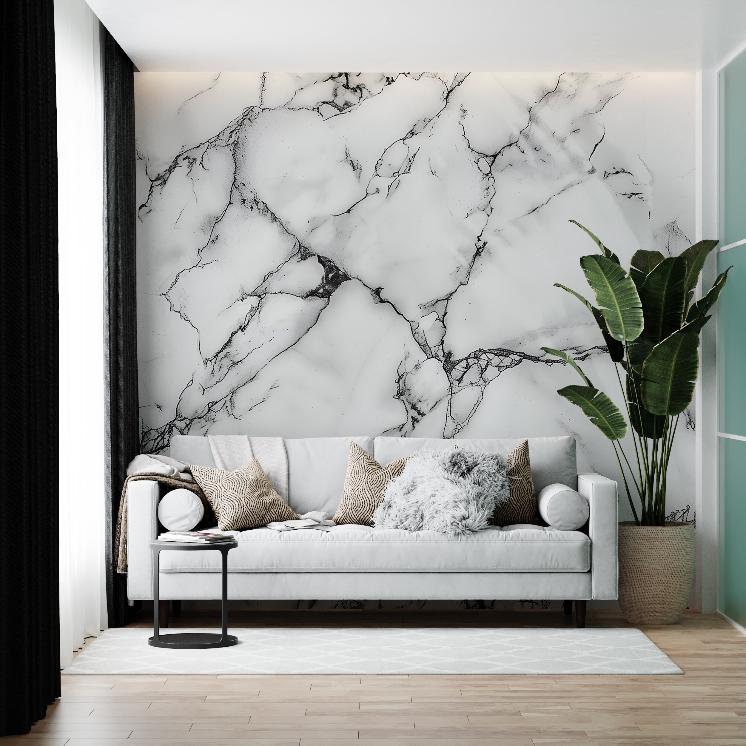 Black&White Marble Mural, Self-adhesive Natural Marble Wallpaper, Stone Texture Mural, Removable White Marble with Black Lines Decor