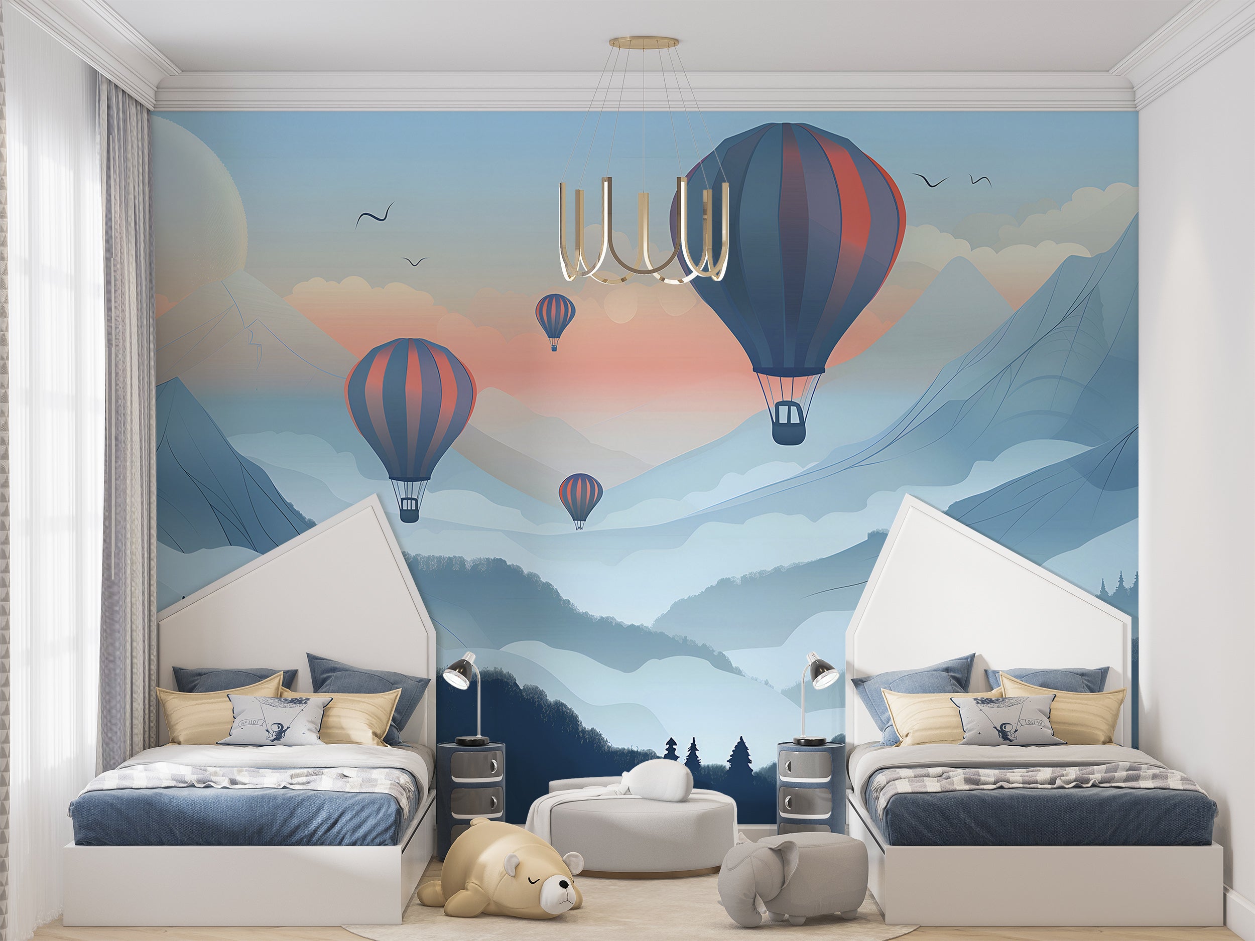Watercolor Blue Mountains Mural, Hot Air Balloons Mural, Peel and Stick Nursery Landscape Wallpaper, Hot Air Balloons Kids Room Decor