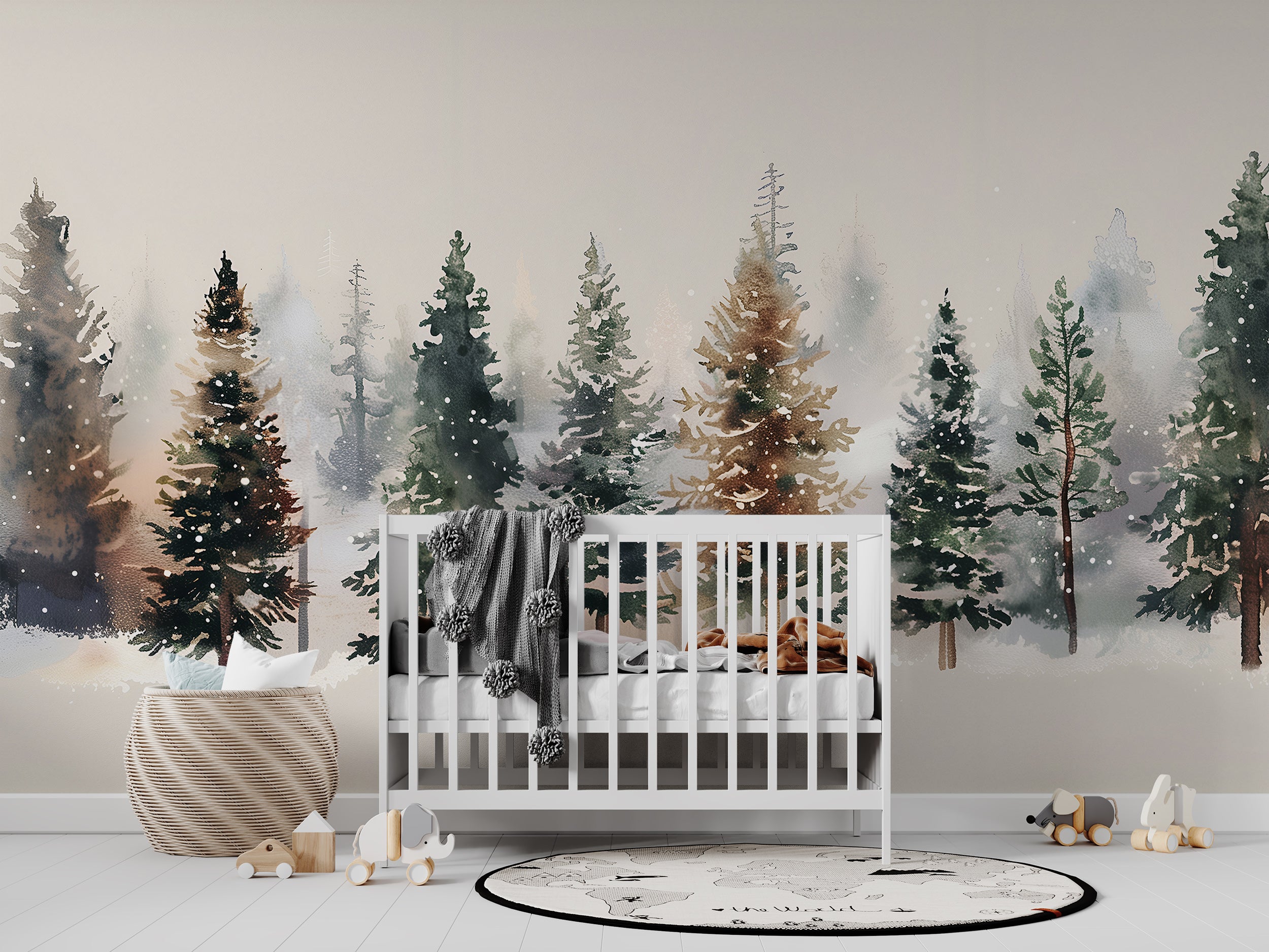 Minimalistic Pine Trees Mural, Watercolor Snowy Forest Mural, Pine Forest Wallpaper, Peel and Stick Nursery Woodland Landscape