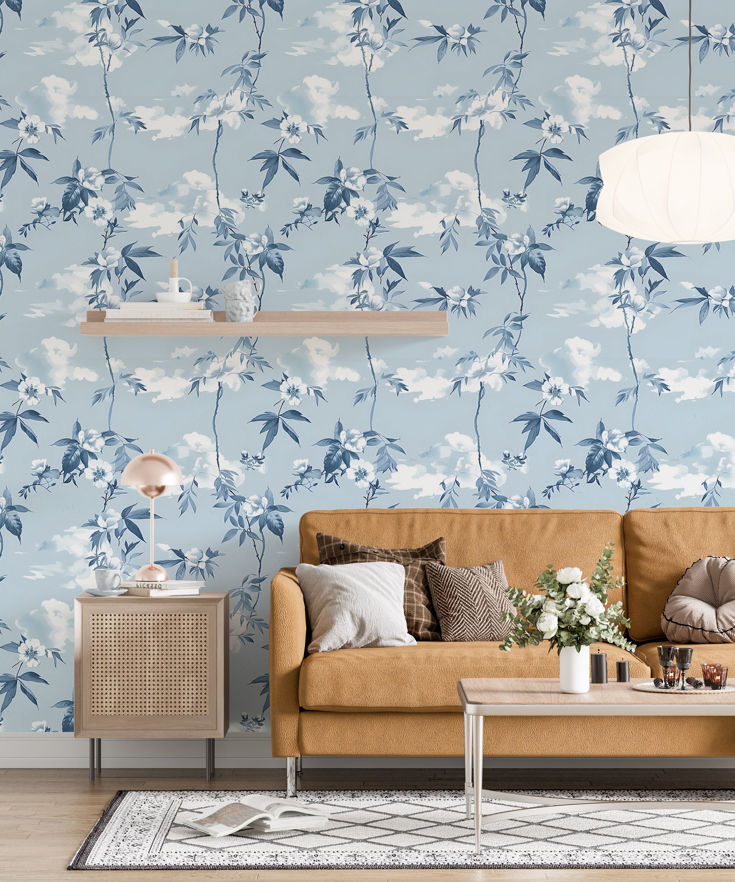 Sky Blue Floral Wallpaper, Light Botanical Peel and Stick Decor, Blue Vines and Leaves Wallpaper, Clouds Wall Decal, Flower Wallpaper