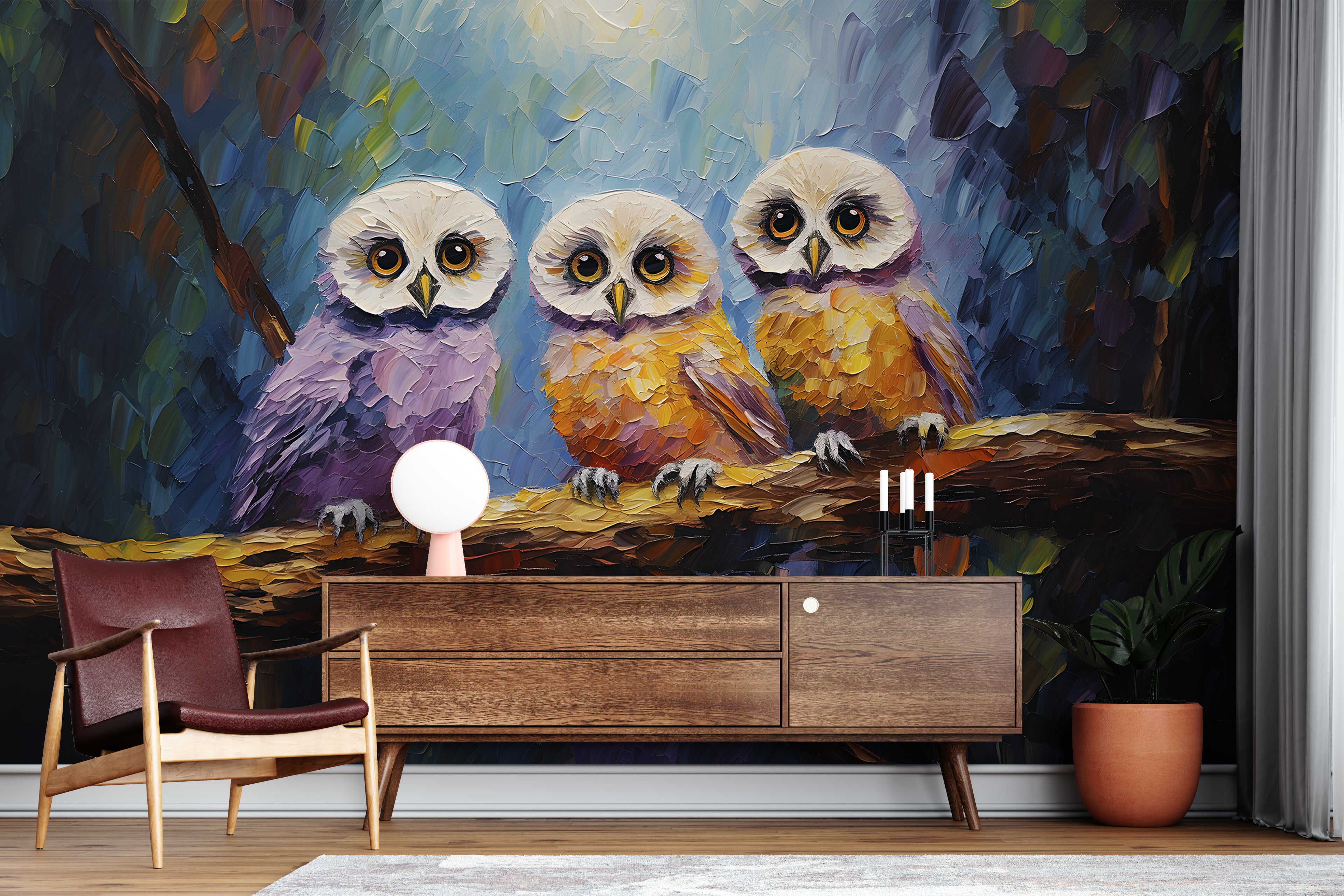 Lively Owls on a Branch Wall Art