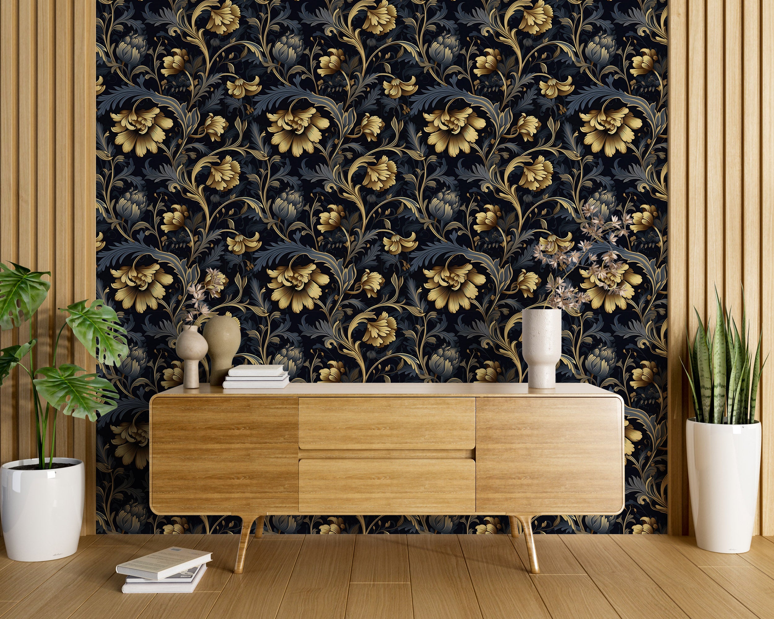 Elegant Black and Gold Botanical Wallpaper
