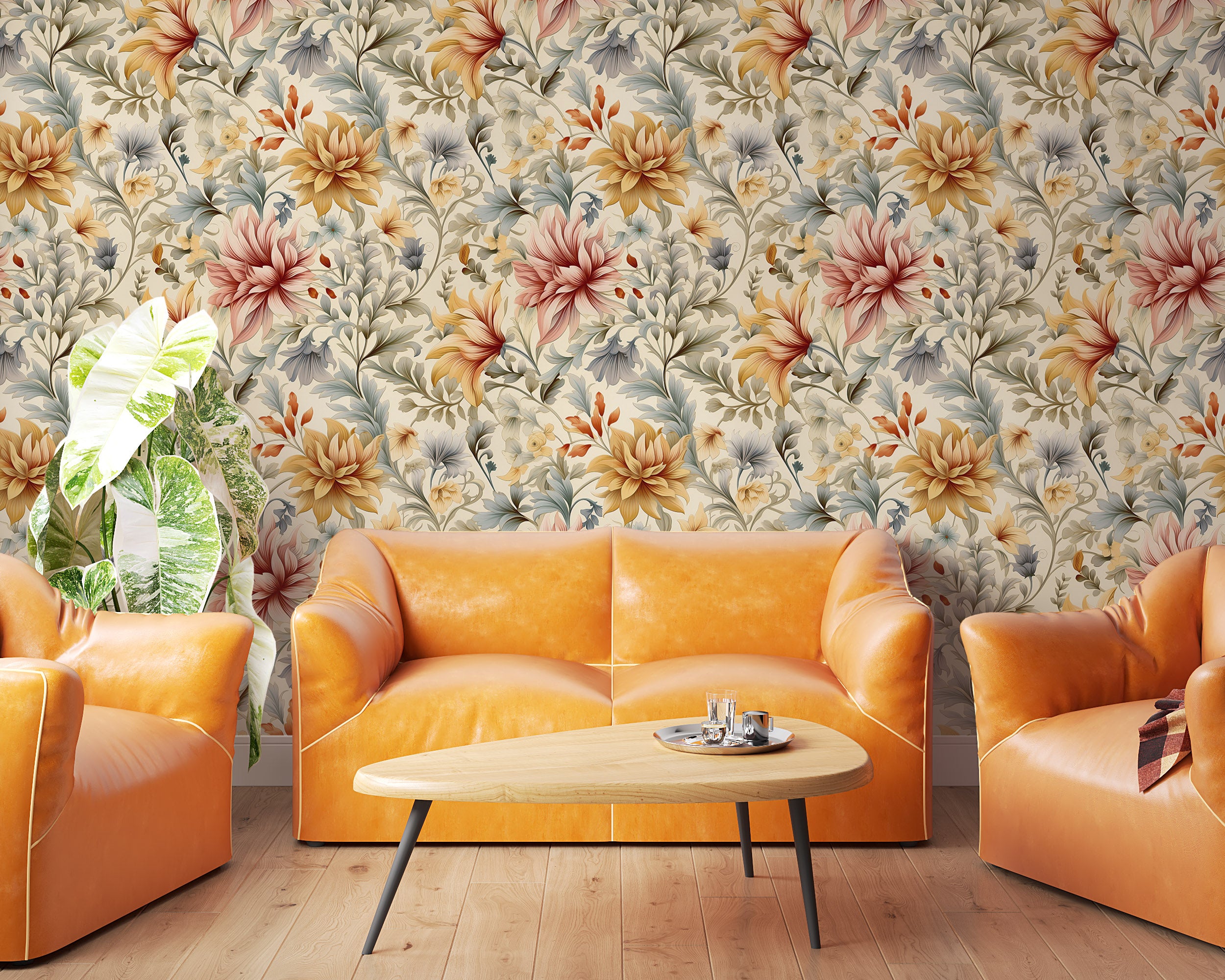 Elegant Pink and Yellow Floral Wall Covering