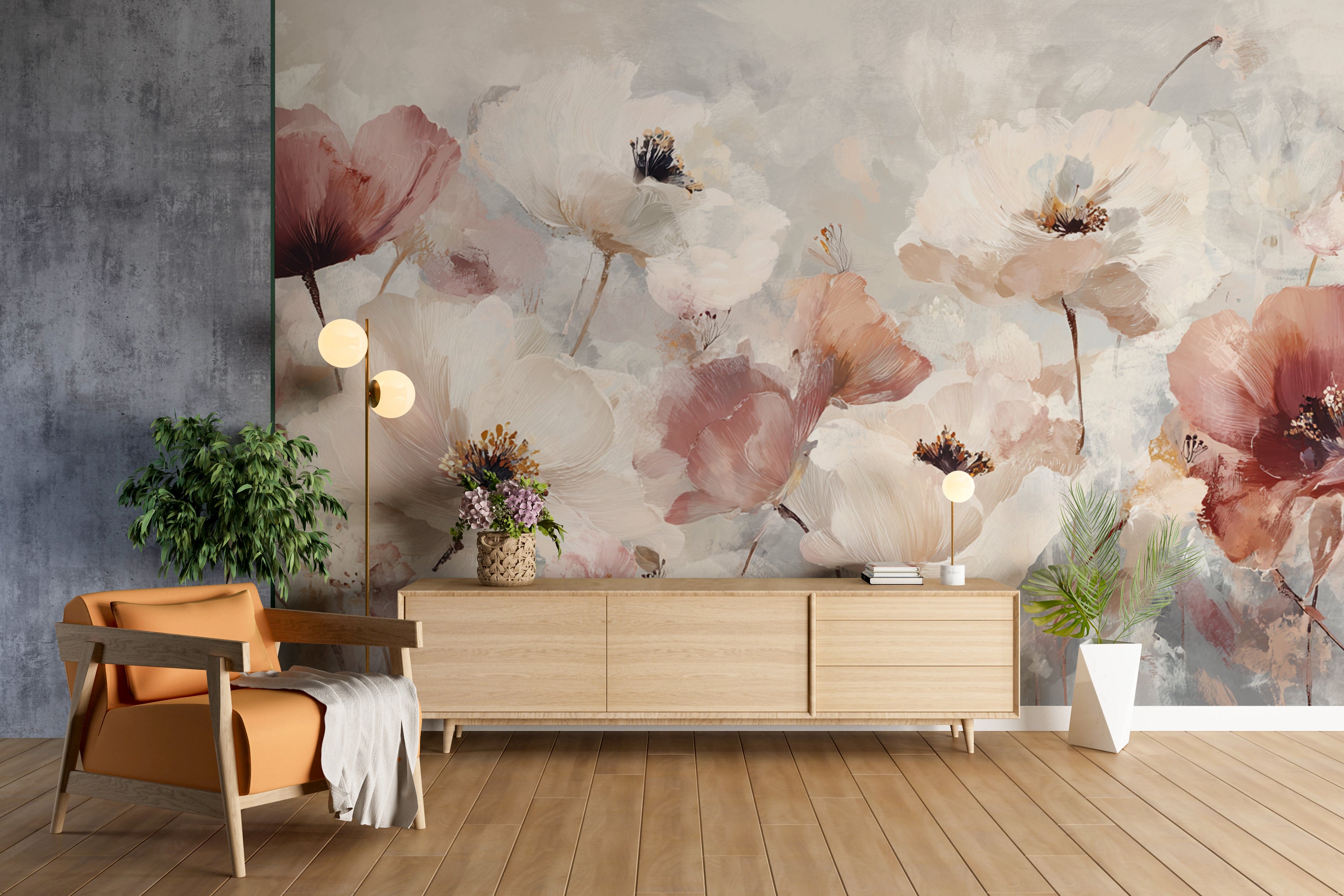 Romantic Floral Wall Mural – Blush and Cream Watercolor Flowers Wallpaper