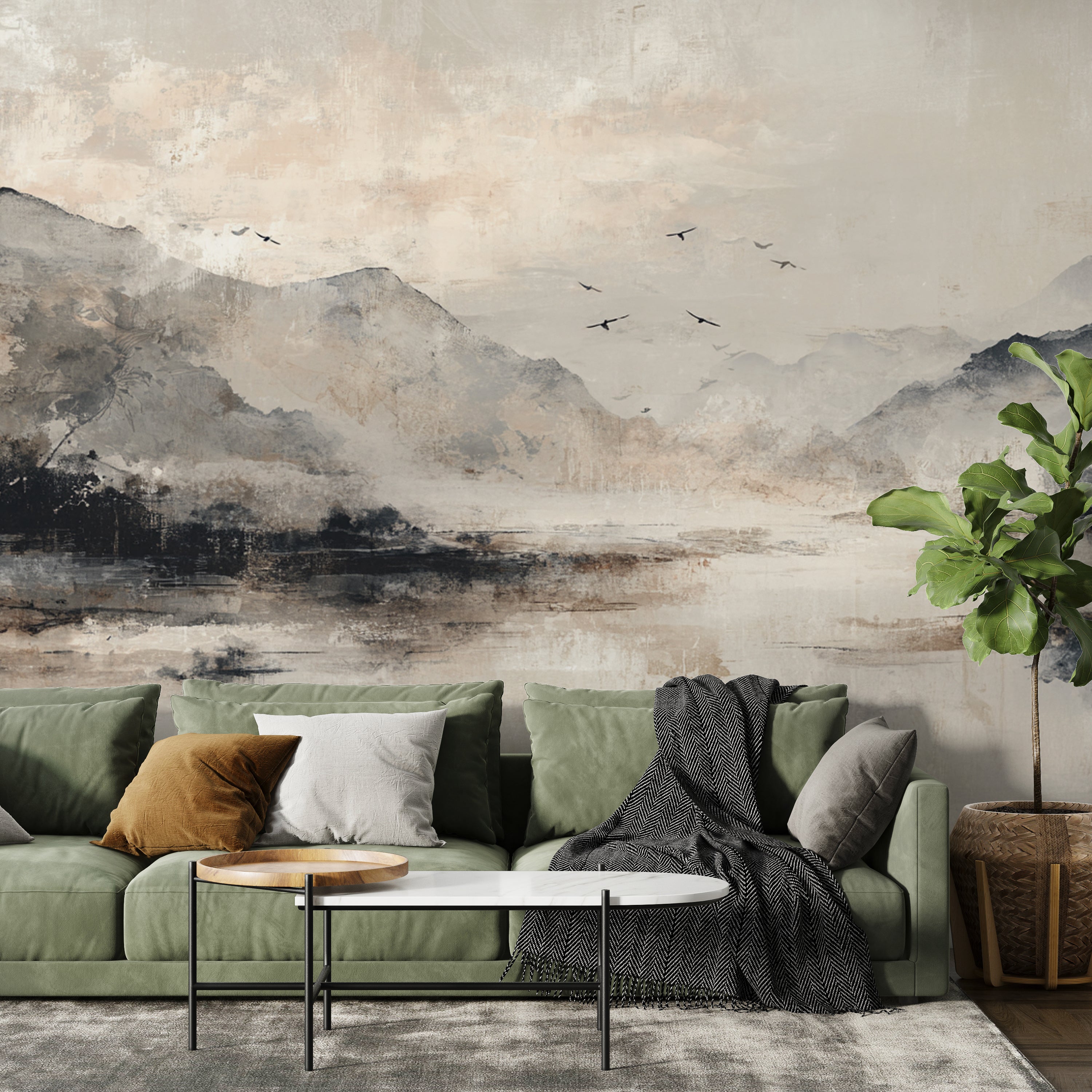 Japandi Zen Minimalist Wallpaper Mountain Art in Earth Tones