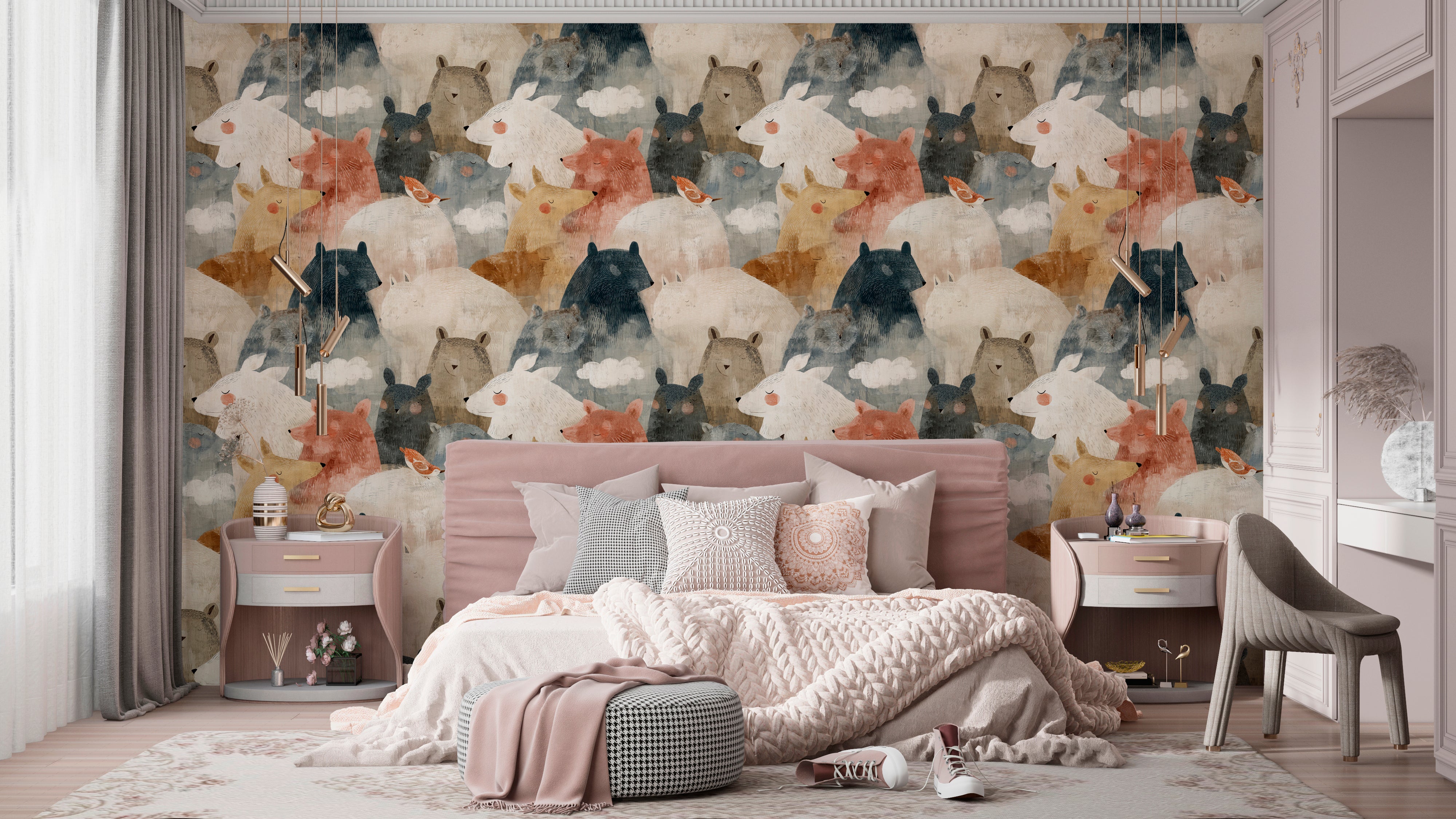 Neutral forest animal wallpaper with deer and bears