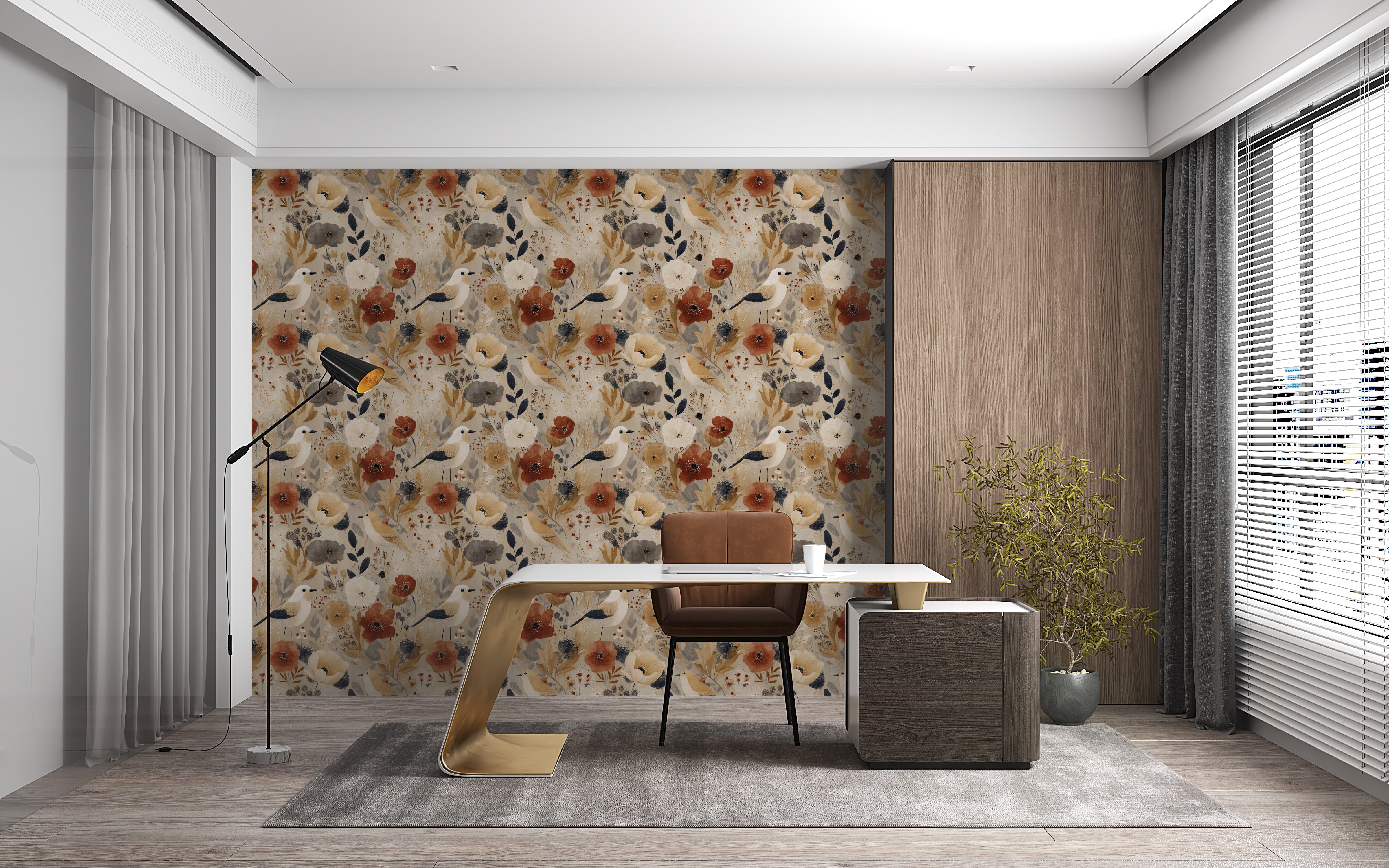 Hand-drawn floral and bird wallpaper in rustic tones