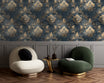 Luxurious navy blue gold damask wallpaper in a baroque pattern, shown in a chic seating area with cream and green velvet chair