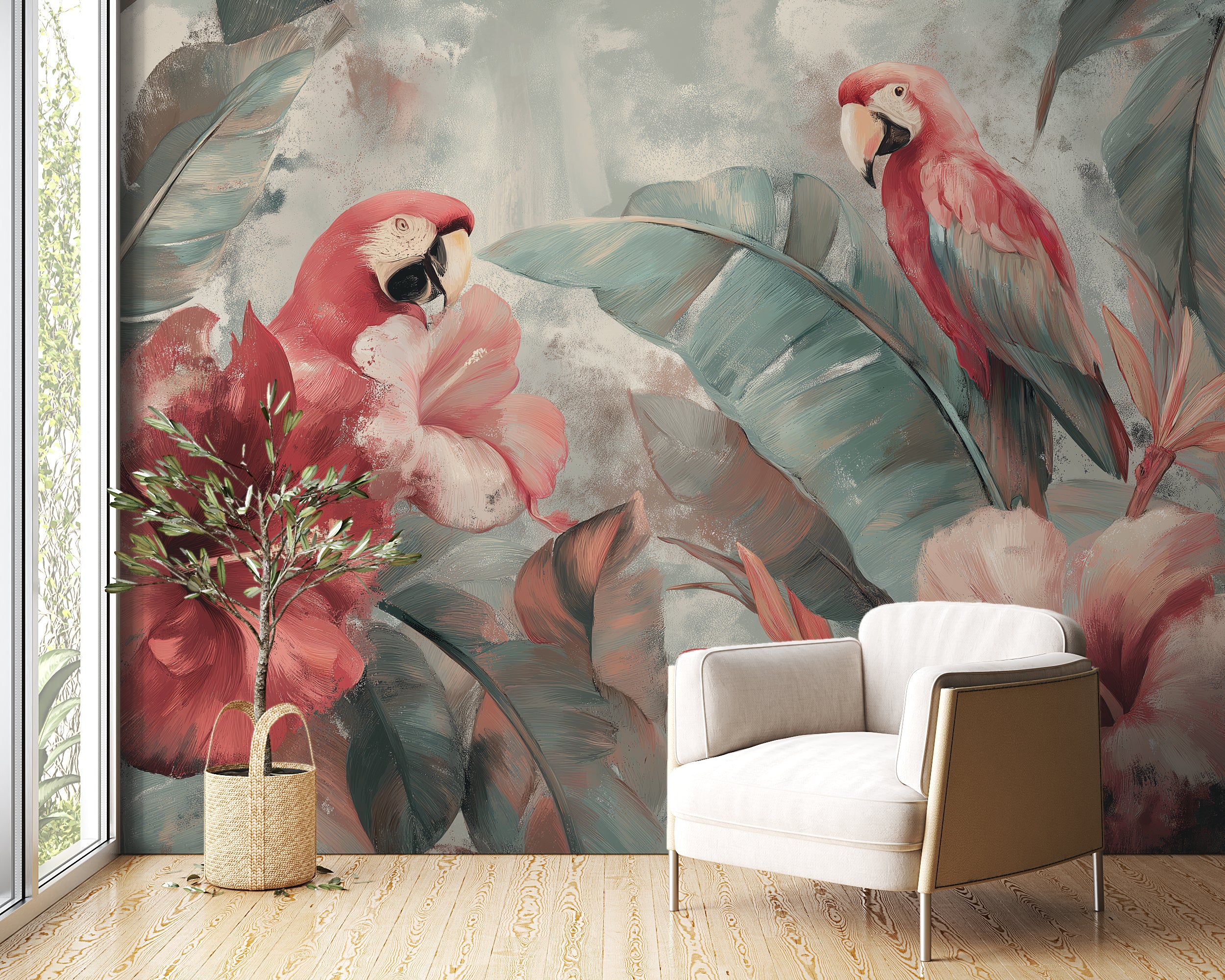 Exotic jungle wallpaper with teal banana leaves and scarlet macaws
