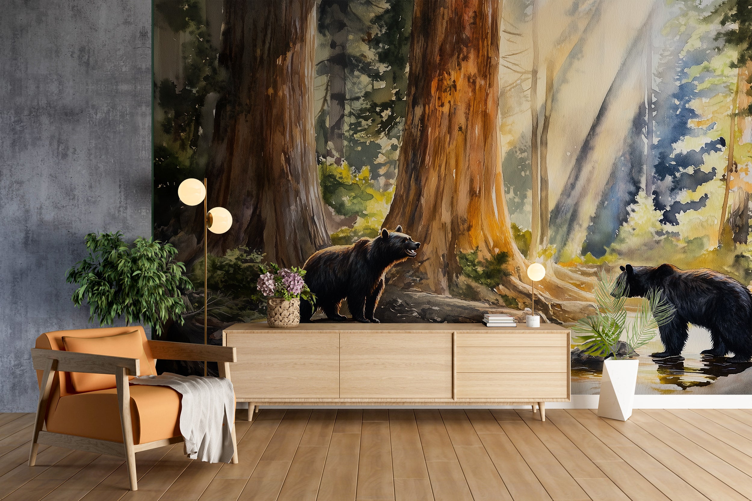 Black Bear and a Cub Mural, Peel and Stick Yosemite Park Wallpaper, Watercolor Woodland Life Mural, California Nature