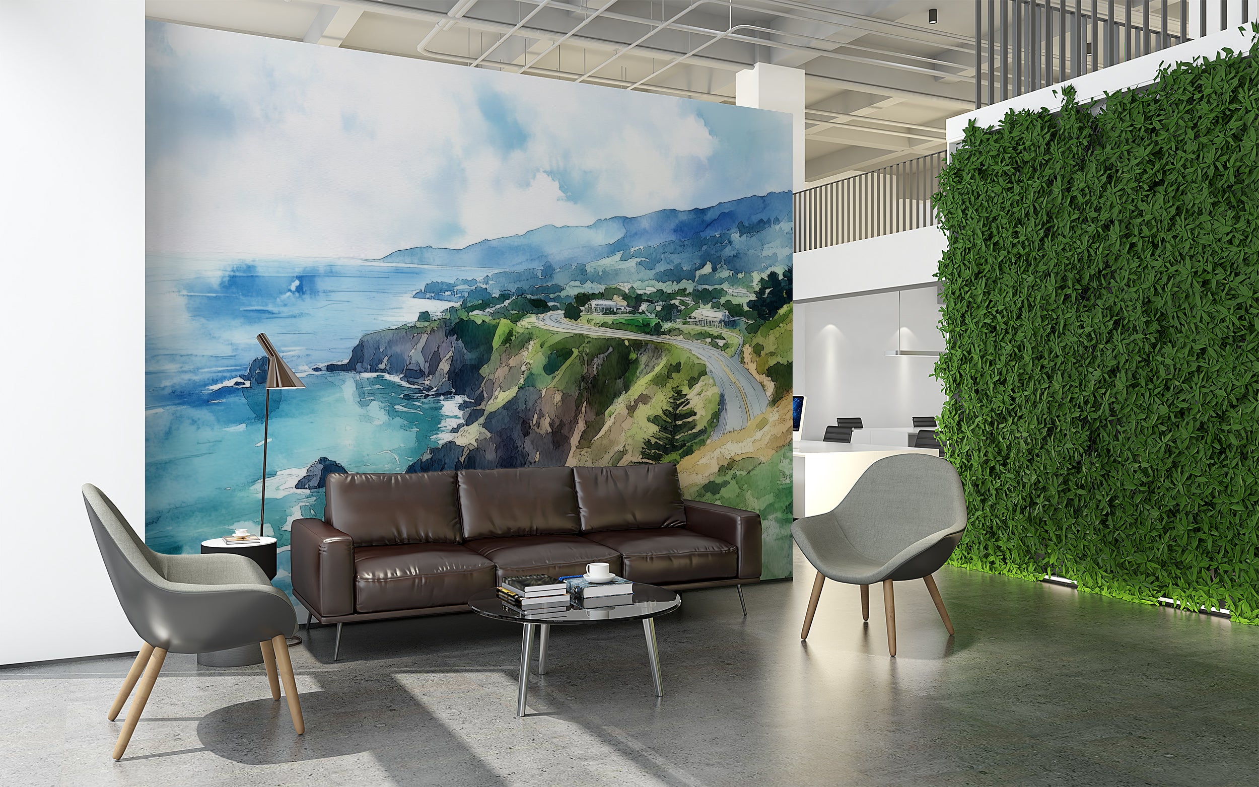 Pacific Coast Highway Mural, Peel and Stick Watercolor California Ocean Wallpaper, Coastal Road Wall Art