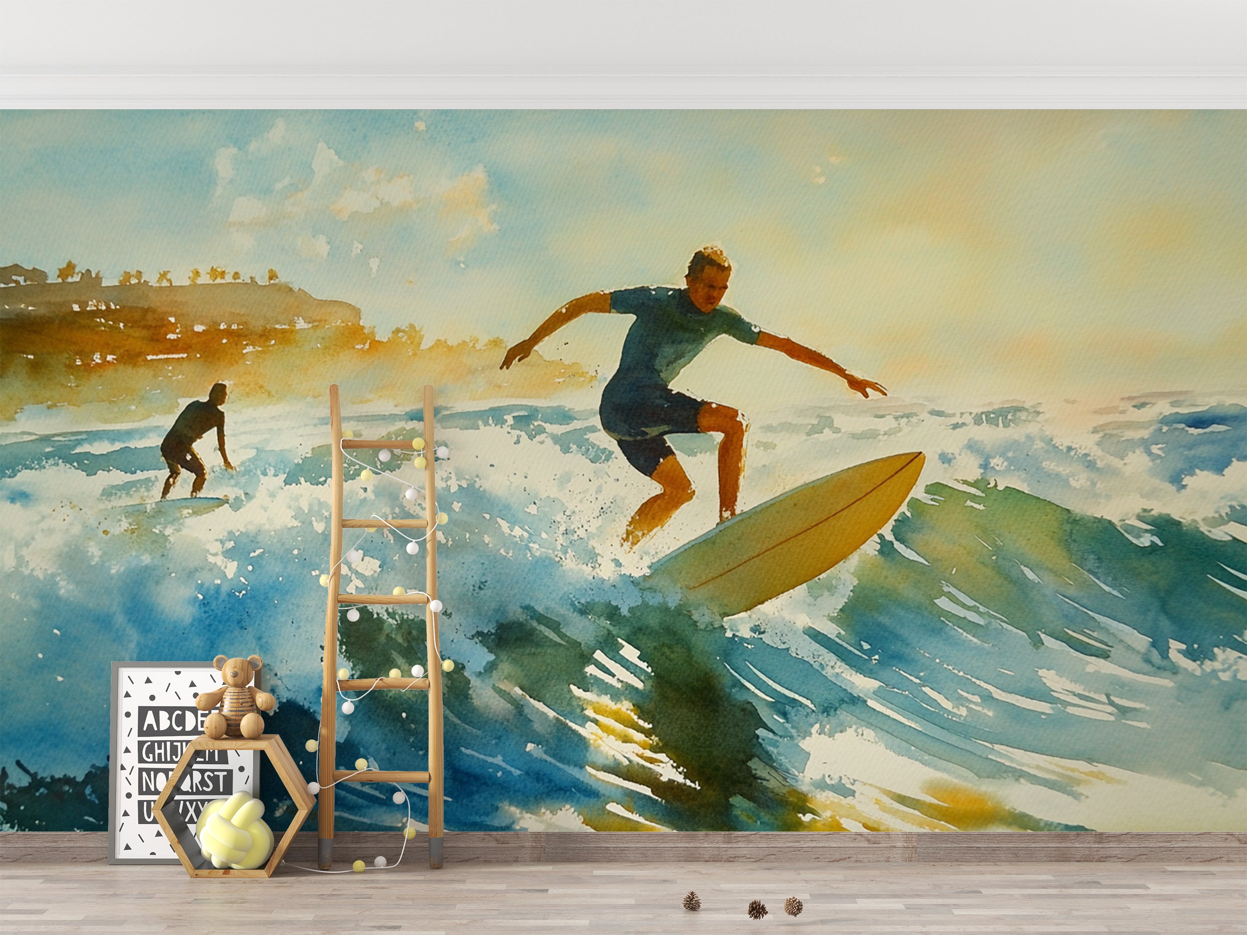 Surfers Wall Mural, Peel and Stick California Ocean Waves Wallpaper, Watercolor Surfers Coastal Art, Nautical Wallpaper