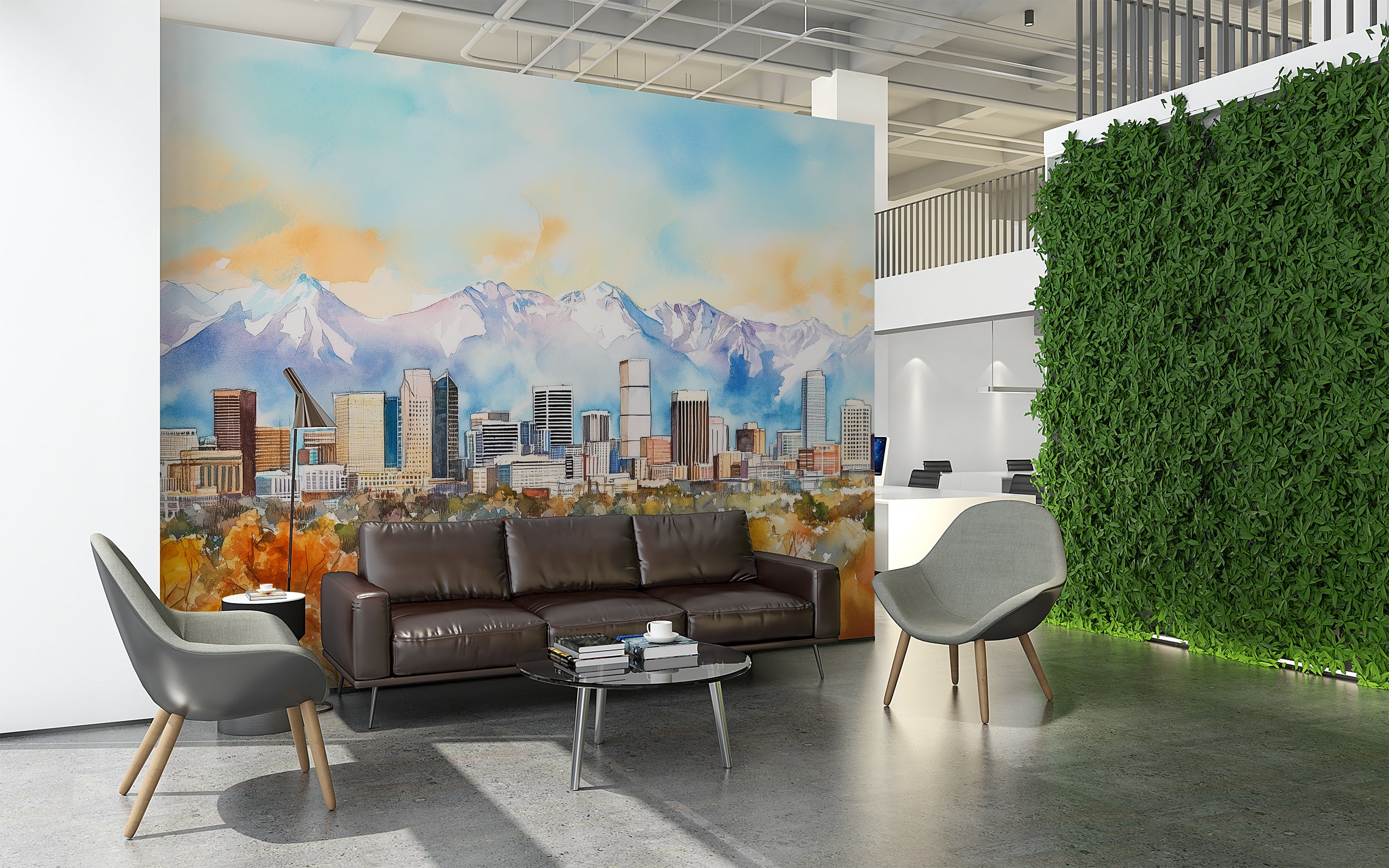 Denver Downtown Wall Mural, Peel and Stick Autumn Forest City and Mountains Wallpaper, Colorado Scenic Landscape Art