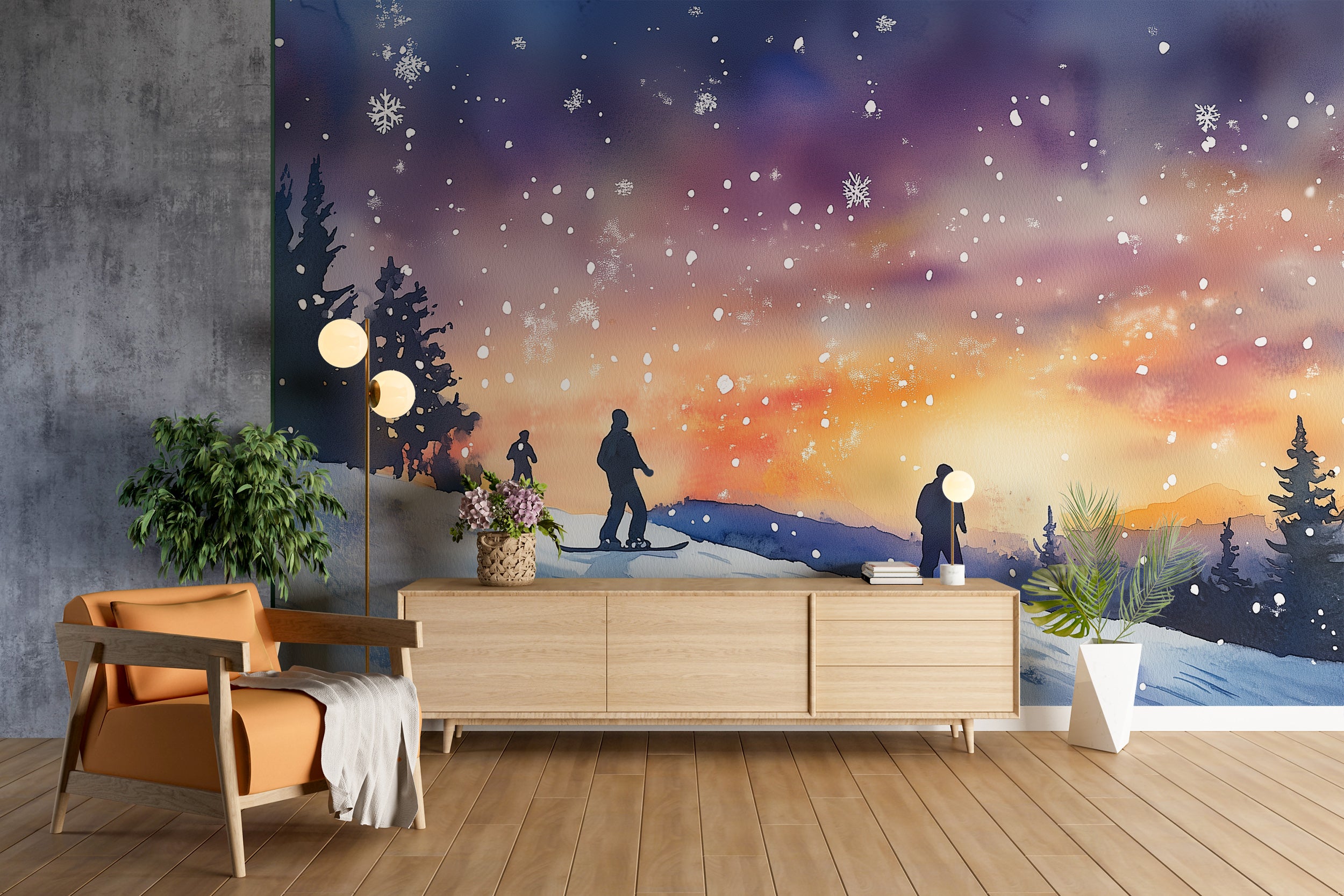 Snowboarders on the Slope Mural, Peel and Stick Snowy Night Wallpaper, Colorado Winter Mountain Slopes Dark Decor