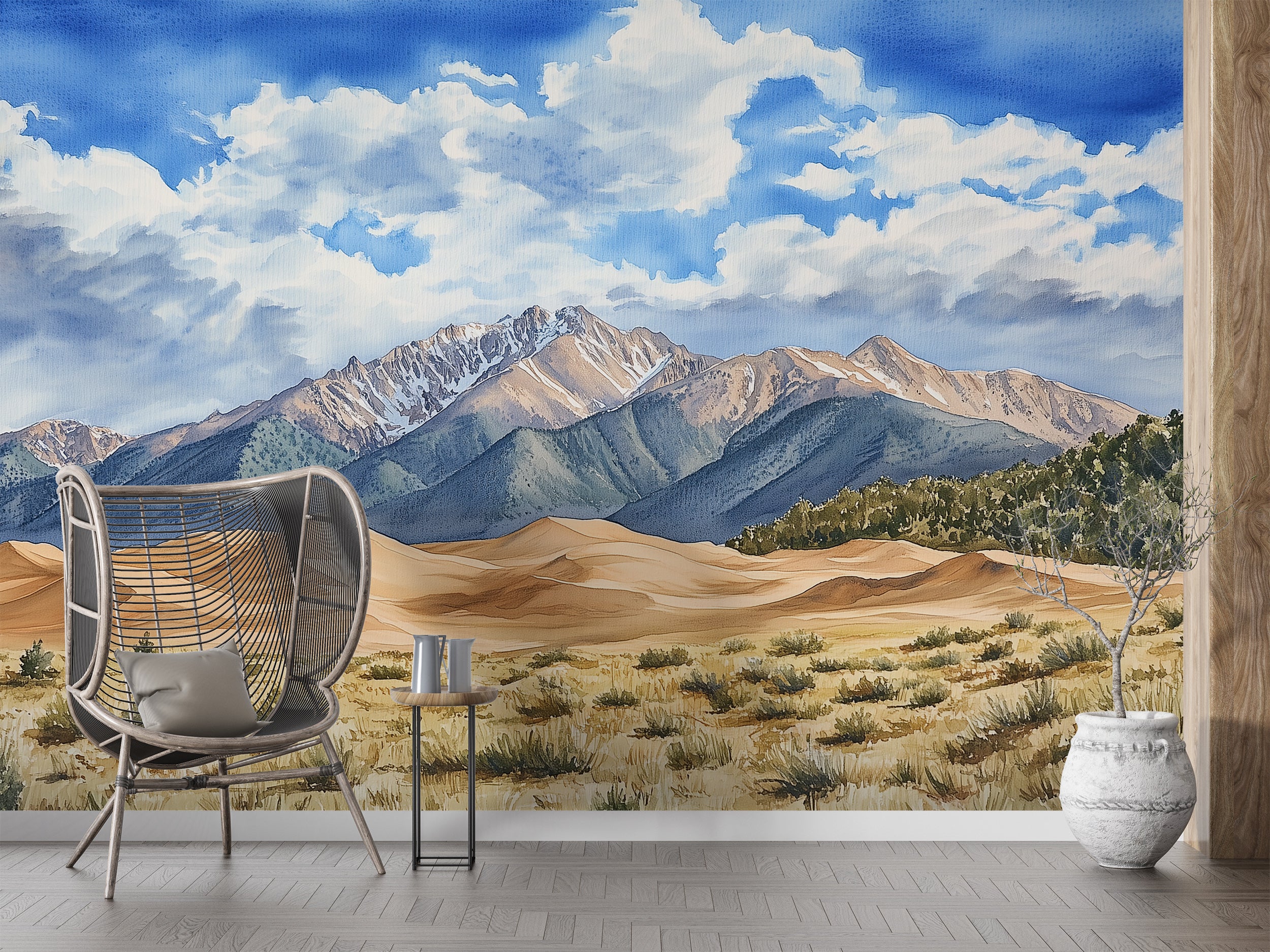 Colorado Sweeping Sand Dunes Mural, Peel and Stick Mountains Wallpaper, Watercolor Landscape Accent Wall Art