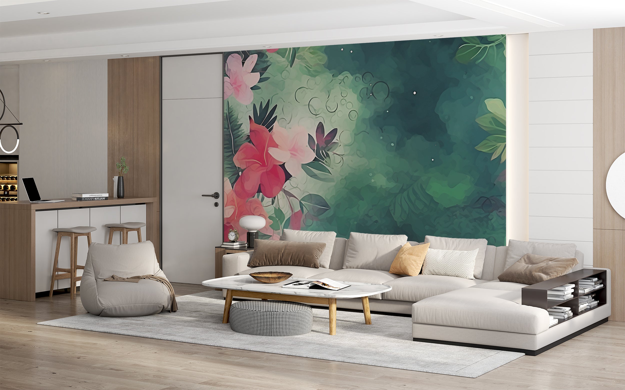 Green and Pink Floral Wall Mural for Calm Interiors