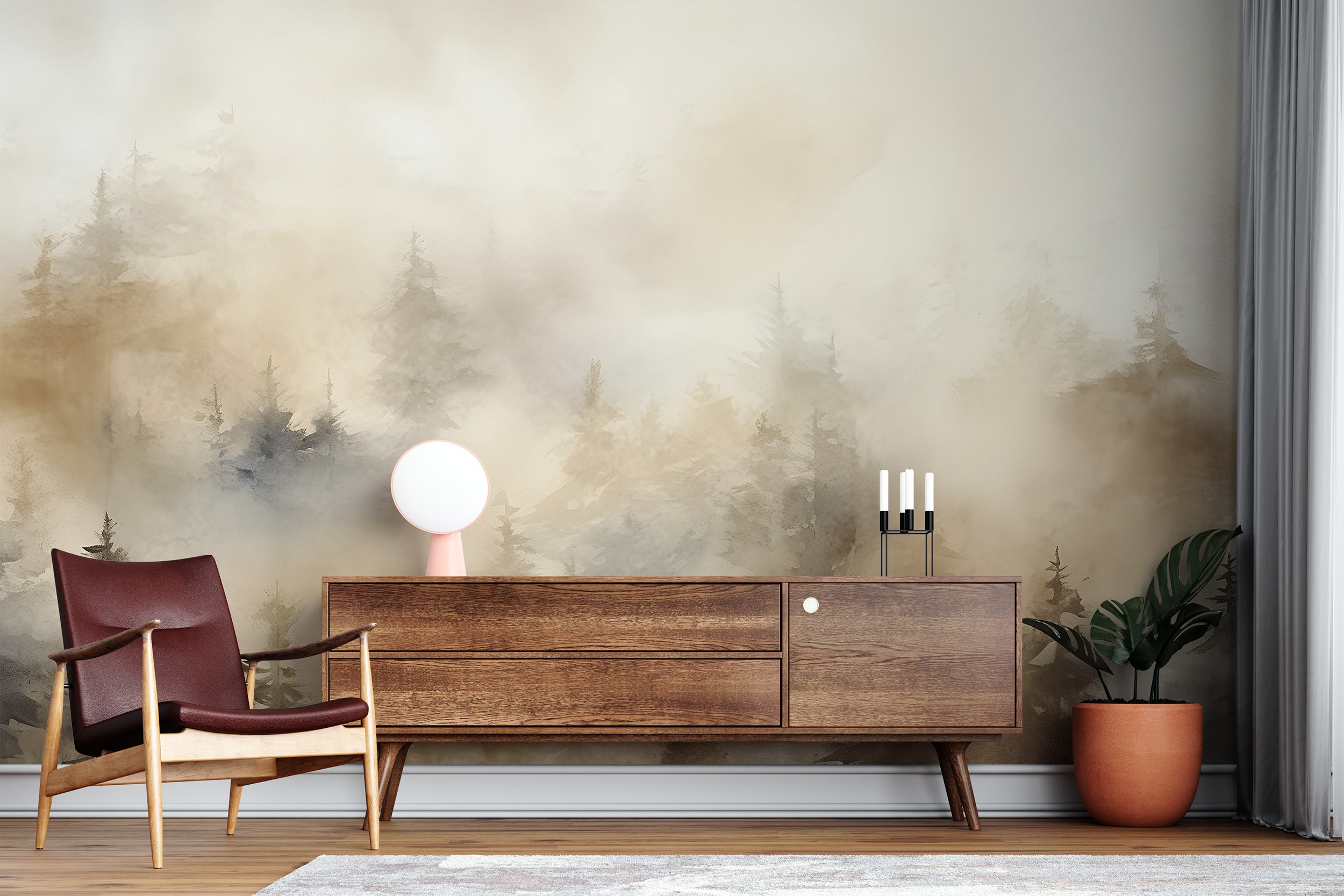 Tranquil Abstract Forest Mural for Vintage-Themed Decor