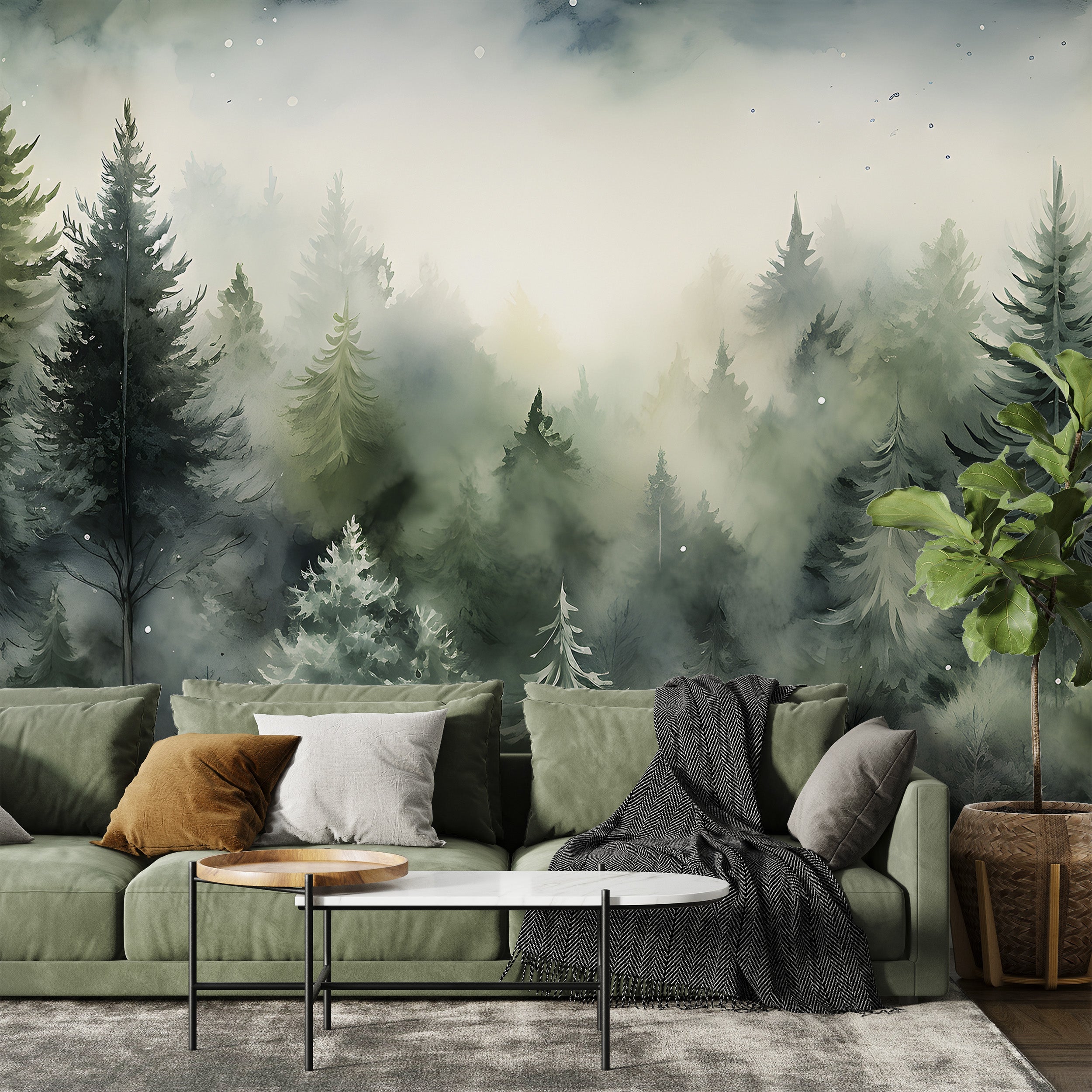 Soothing Dark Green Watercolor Forest Wallpaper