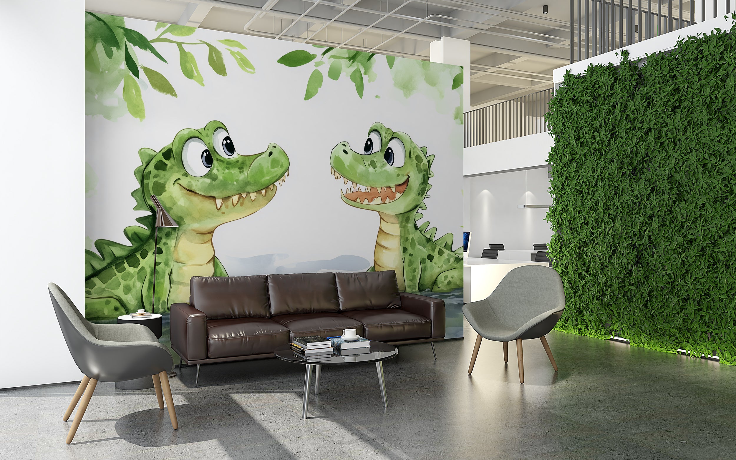 Cute Crocodiles Wall Mural, Peel and Stick Cartoon Style Alligators in the River Wallpaper, Nursery Watercolor Animals Art