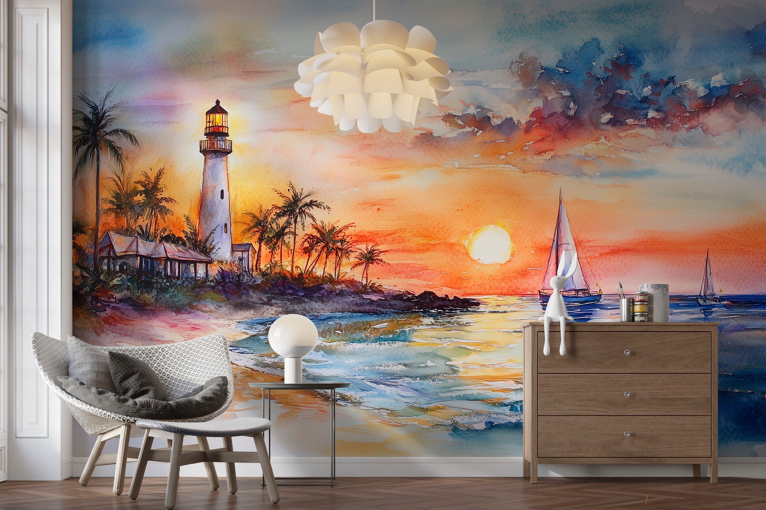 Florida Beach Lighthouse Wall Mural, Peel and Stick White Sailboat Wallpaper, Colorful Coastal Mural, Watercolor Ocean Sunset Art