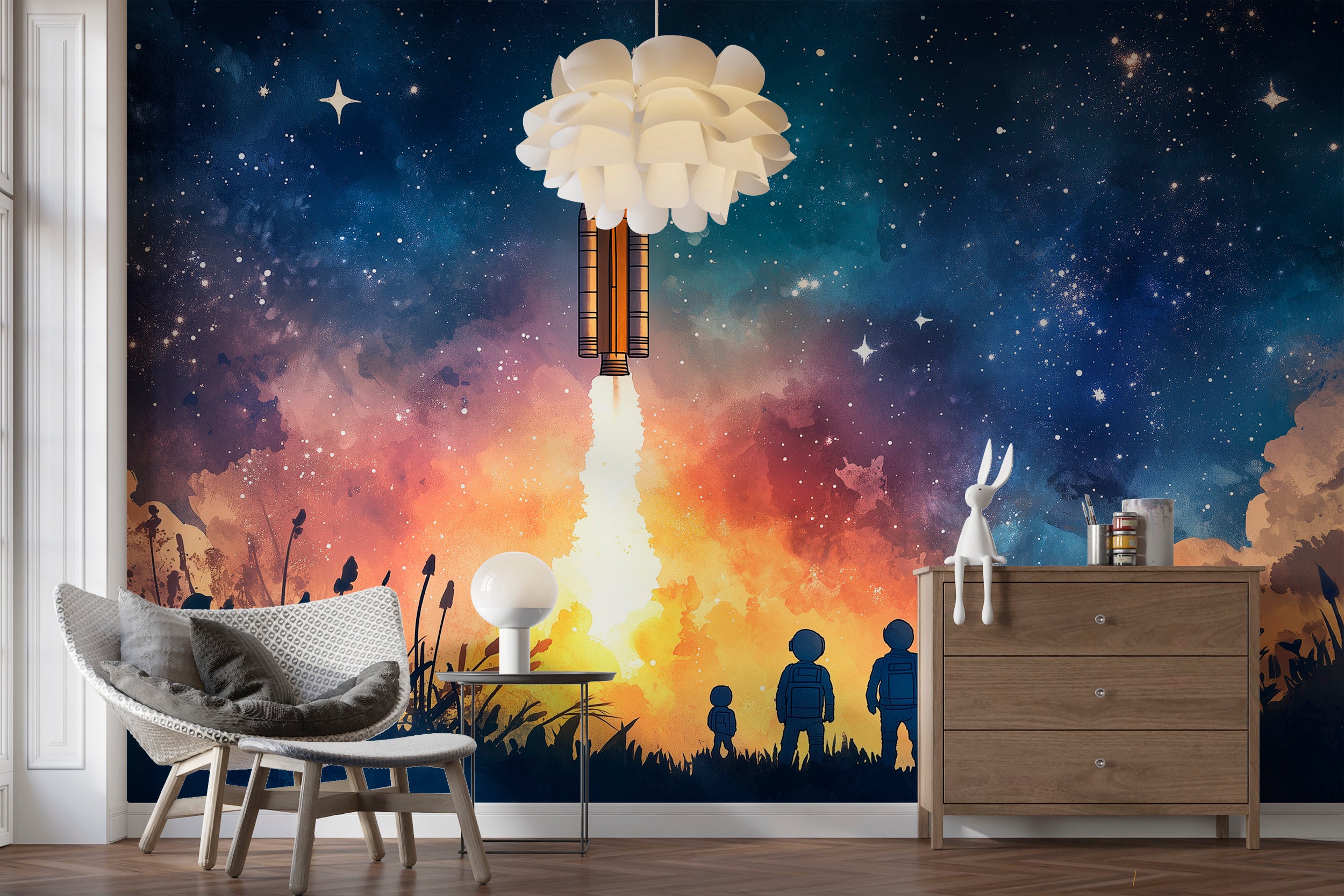 Rocket Launch Pad Wall Mural, Peel and Stick Starry Night Wallpaper, Astronauts Celestial Mural, Watercolor Stars Art