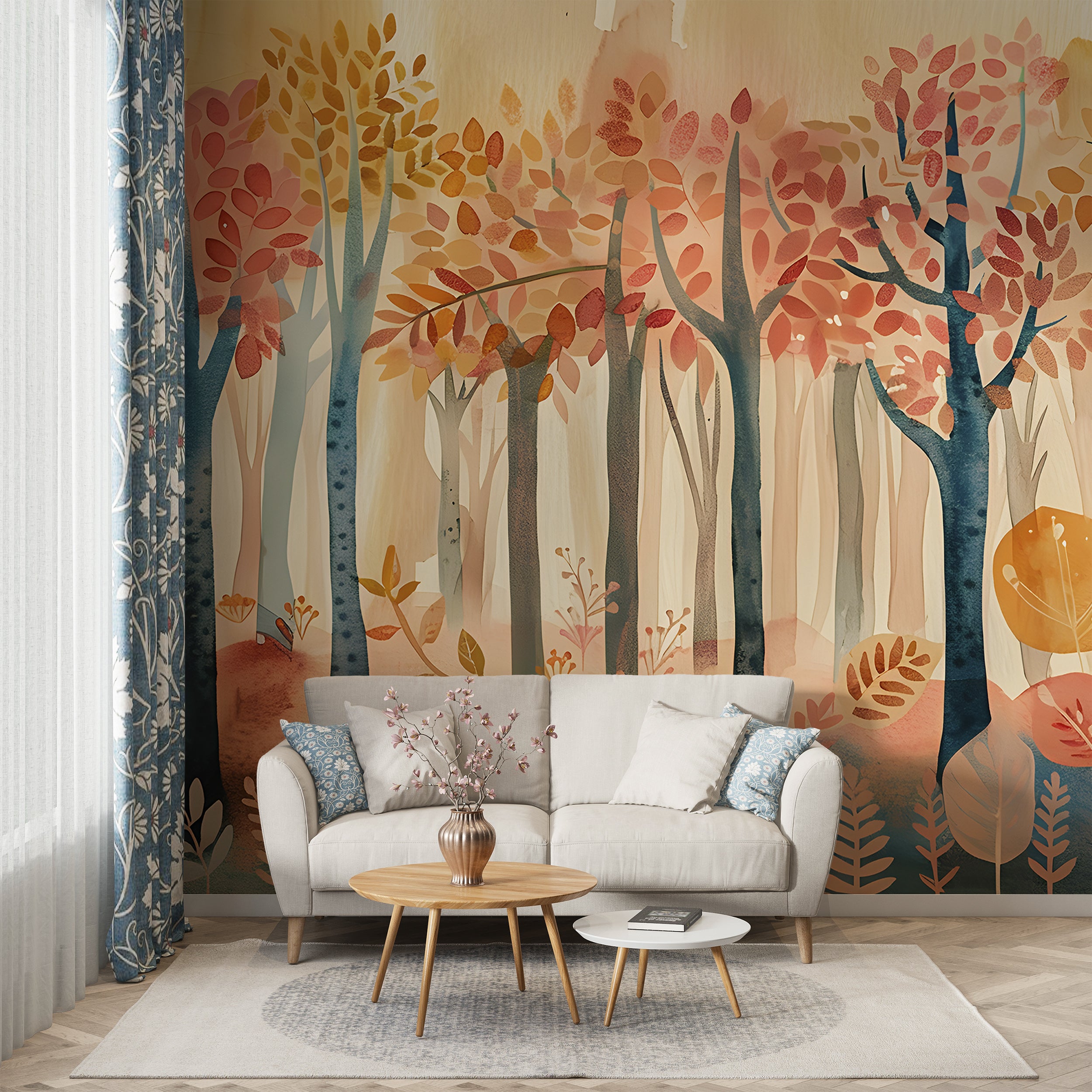 Autumn Forest Mural - Watercolor Nature Wallpaper - Colorful Forest Wall Decal - Peel and Stick Orange Trees Mural - Nursery PVC free