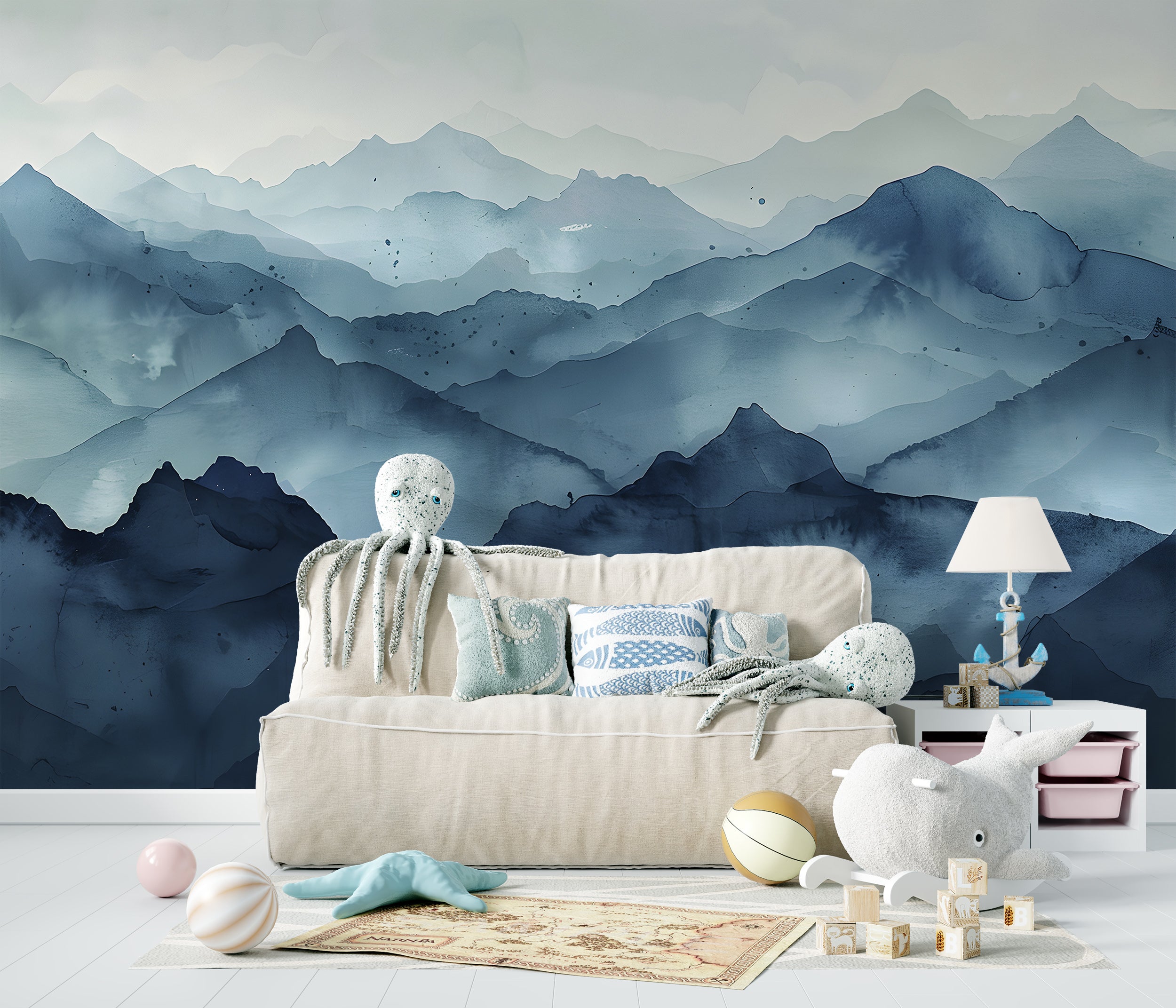 Dark Blue Mountains Mural, Watercolor Mountain Landscape Wallpaper, Peel and Stick Navy Blue Nature Art, Nursery Mountains Wall Decal