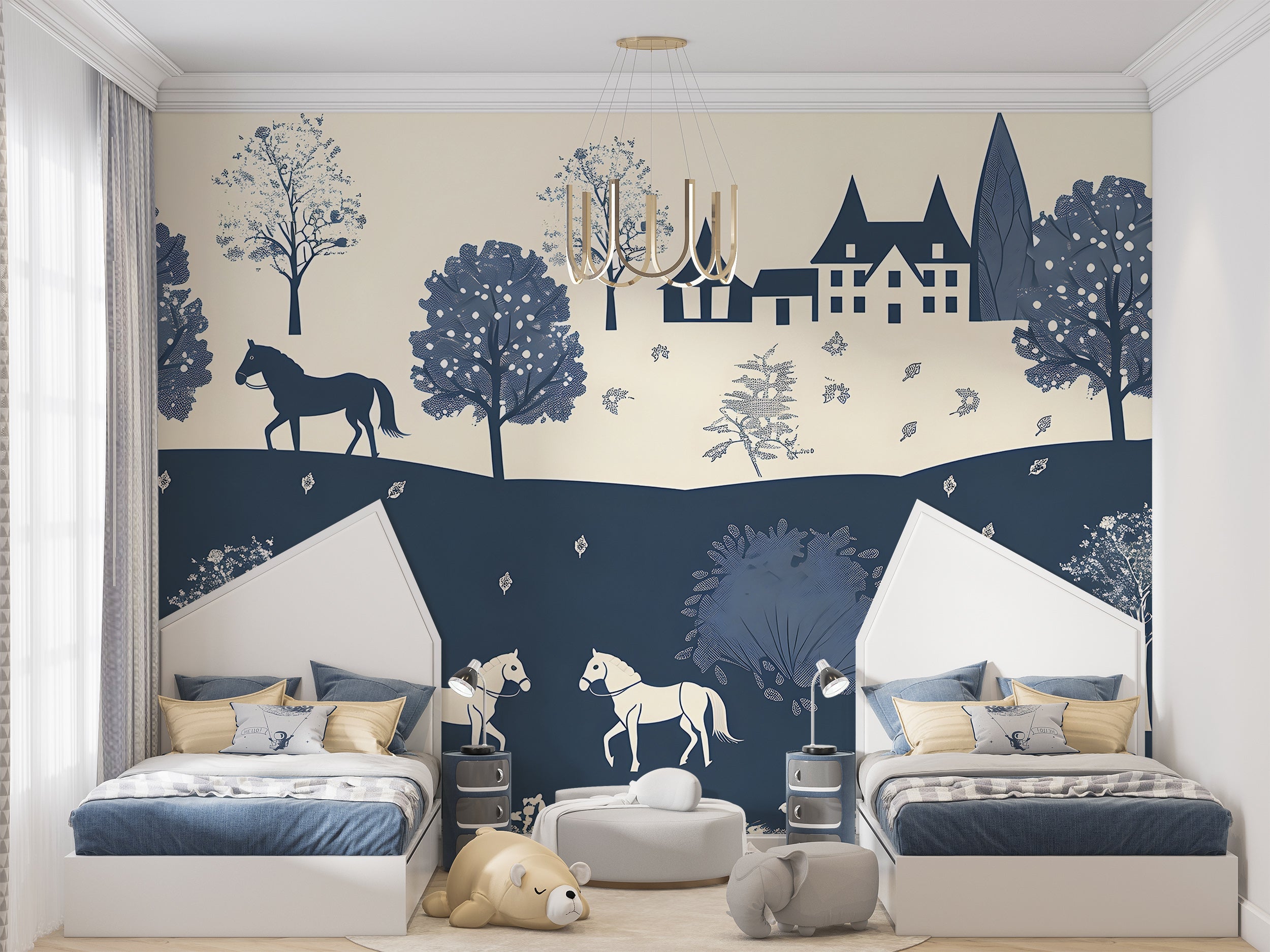 Blue and Beige Traditional Wallpaper, Watercolor Old Town Landscape Mural, Horizontal Seamless Pattern Classic Wallpaper, Peel and Stick House and Horses