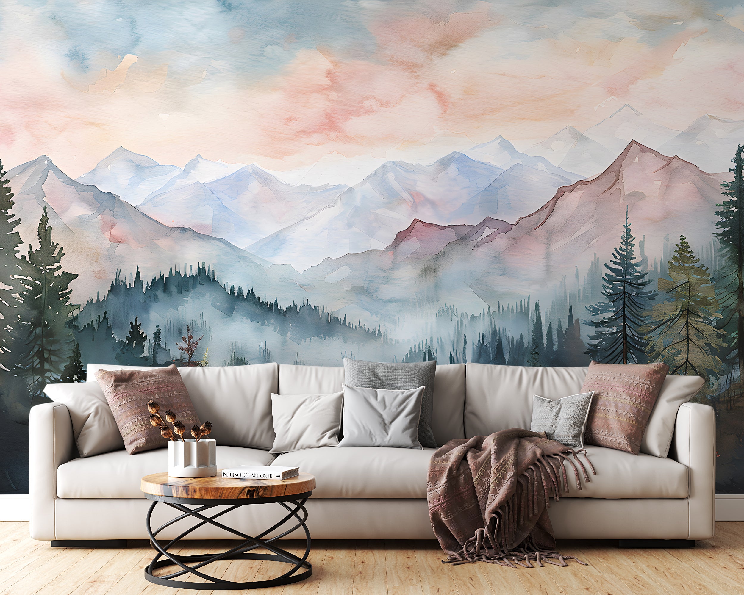Watercolor Wild Nature Landscape Mural, Mountains and Forest Wallpaper, Peel and Stick Mountain Valley Decal, Colorful Nursery Landscape Wall Art
