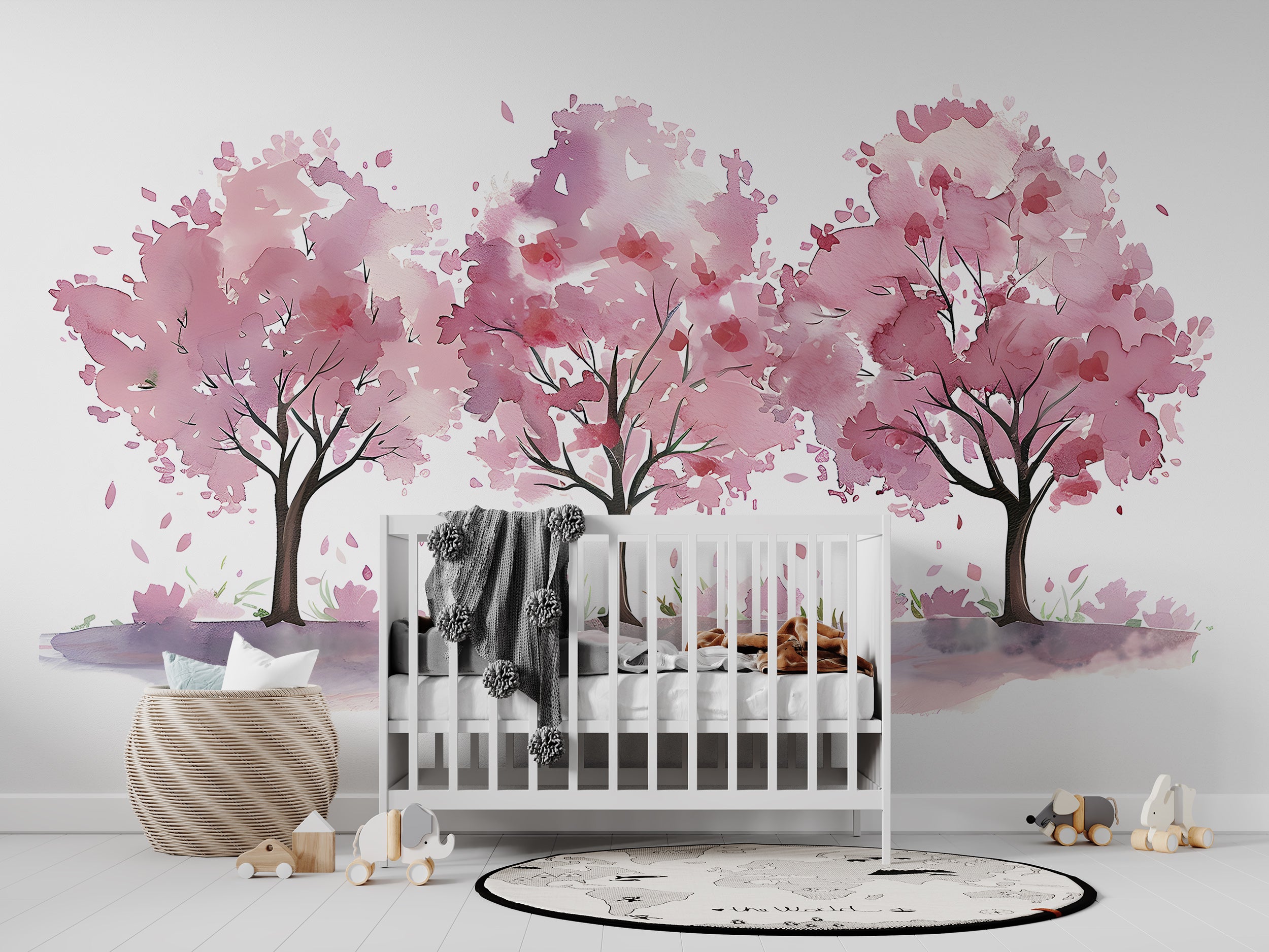 Nursery Pink Trees Mural, Watercolor Three Trees Wallpaper, Peel and Stick Custom Size Removable Kids Wall Decal, PVC-free
