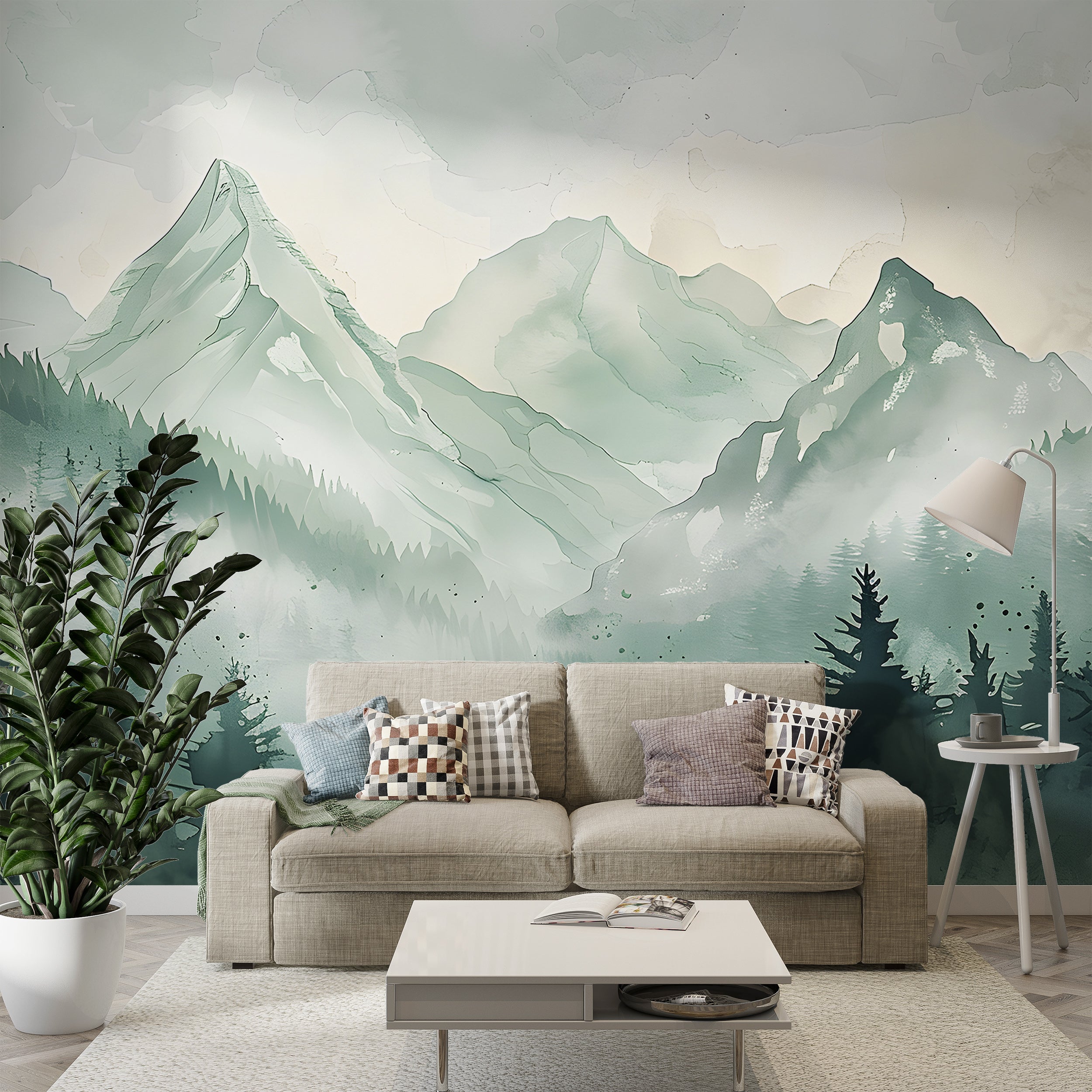 Soft Green Mountains Wallpaper, Watercolor Wild Forest Mural, Self-adhesive Removable Pastel Green Foggy Mountain Landscape Decor