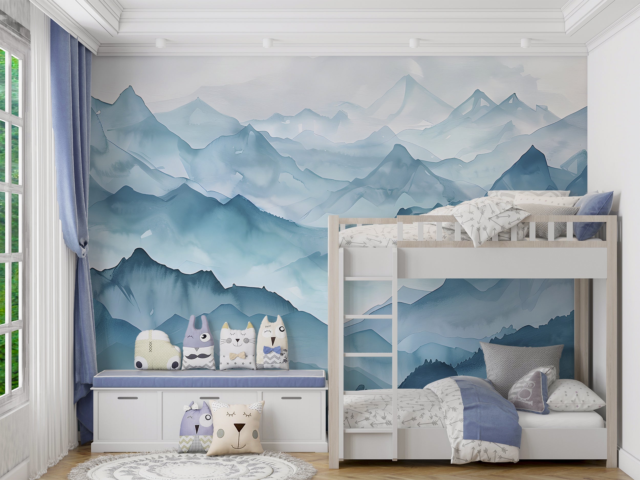 Abstract Blue Mountains Mural, Peel and Stick Foggy Mountain Wallpaper, Watercolor Misty Landscape Art, Nursery Blue Nature Decal
