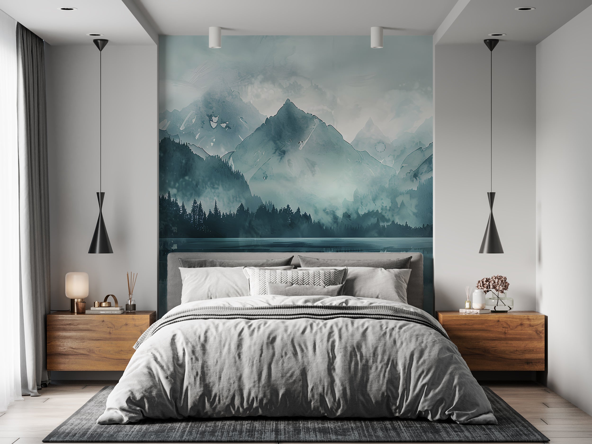 Mountain Lake in Mint Colors Mural, Watercolor Forest and Mountains Wallpaper, Peel and Stick Green Lake Landscape Art, Abstract Nature Decor