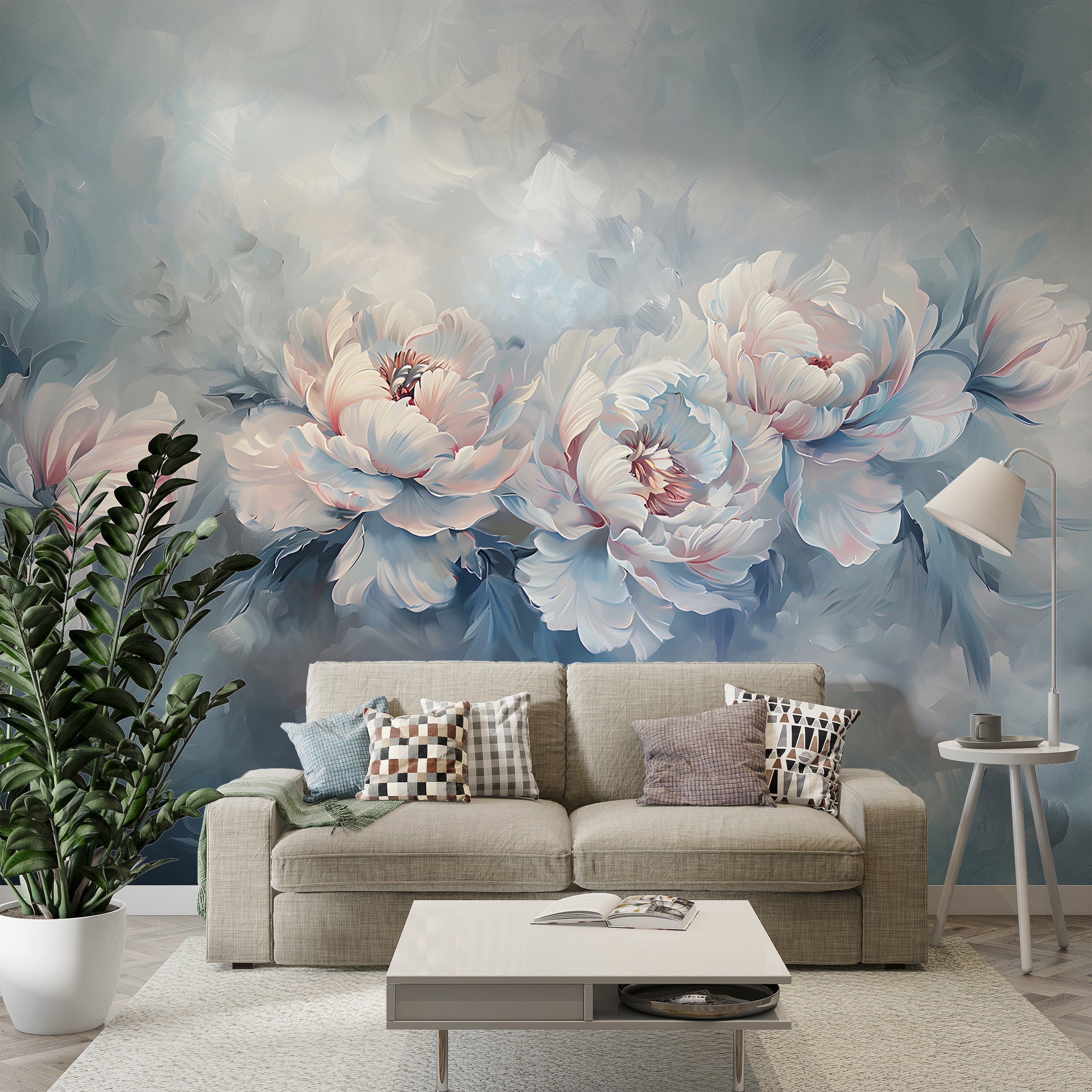 Abstract Floral Blue Mural, Watercolor Peonies Wallpaper, Peel and Stick Botanical Art, Blue Peony Abstract Wall Decal, Removable Flowers PVC free