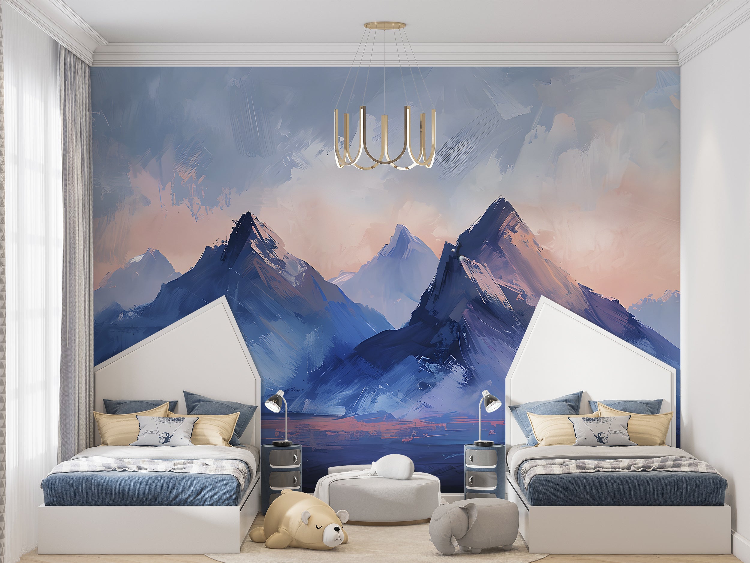 Oil Brushed Style Mountains Mural, Peel and Stick Blue Mountain, Watercolor Abstract Landscape, Nursery Deep Blue Wall Art, PVC free Decal