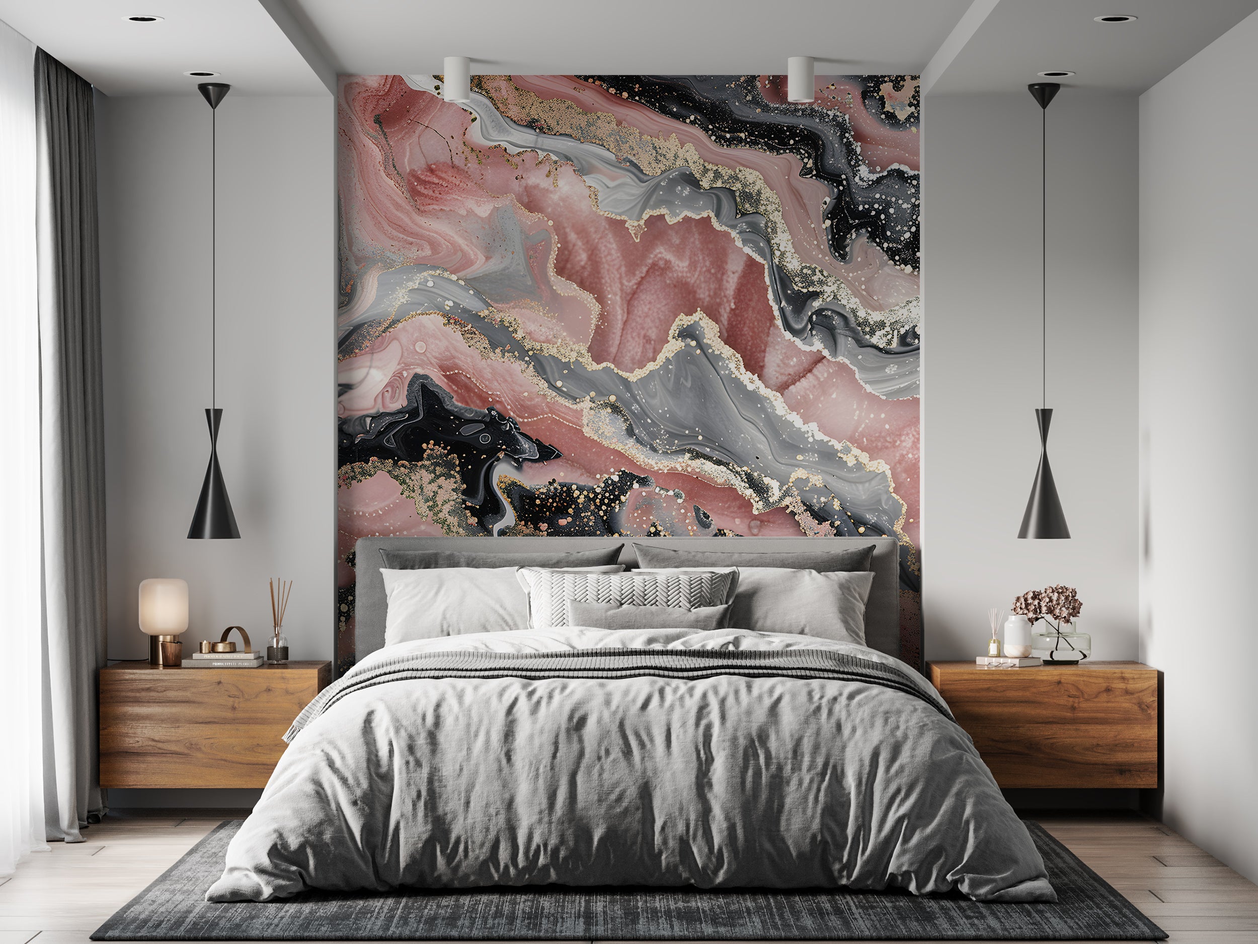 Pink Black Grey and Gold Alcohol Ink Mural, Peel and Stick Marble Texture Wallpaper, Removable Modern Wall Art, Abstract Unique Decor