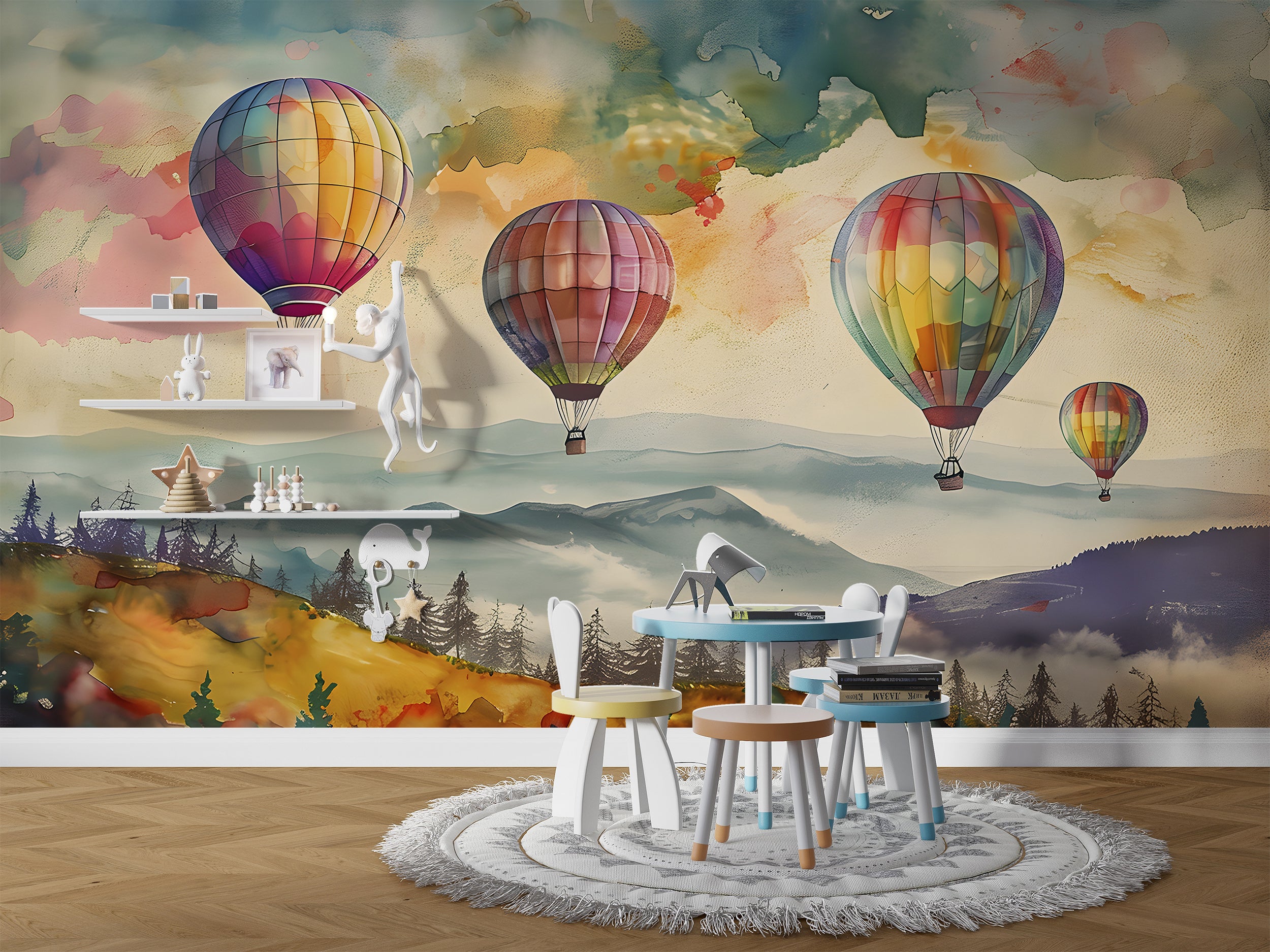 Colorful Hot Air Balloons Mural, Peel and Stick Watercolor Landscape, Nursery Multicolor Wall Decal, Mountains and Forest Kids Room PVC Free