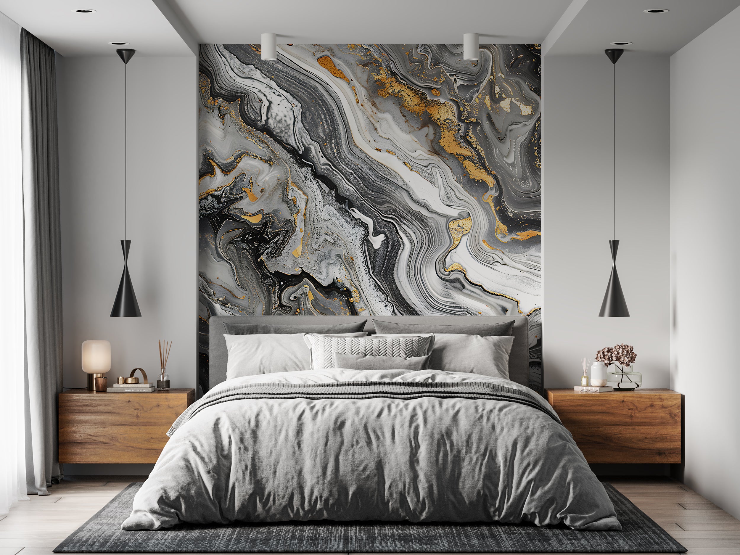 Black Grey and Gold Alcohol Ink Mural, Peel and Stick Dark Marble Wallpaper, Removable PVC-free Abstract Decor, Unique Custom Size Art