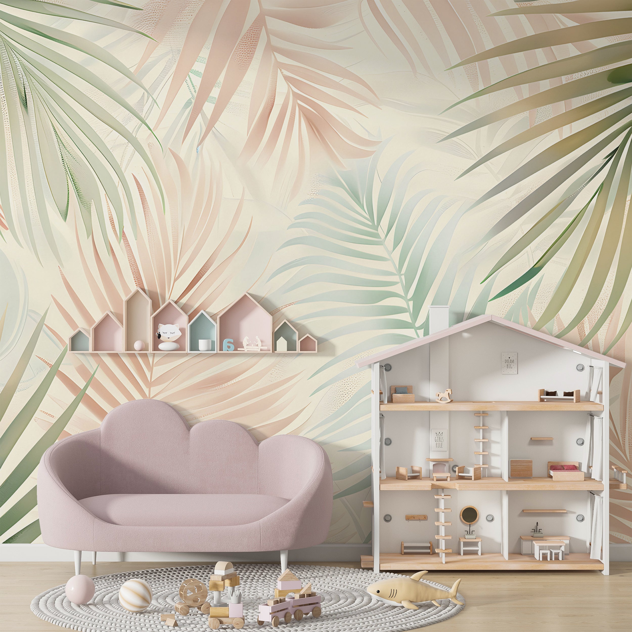Colorful Palm Leaf Mural, Pastel Colors Tropical Wallpaper, Peel and Stick Nursery Botanical Wall Decal, Custom Size Removable Wall Decor